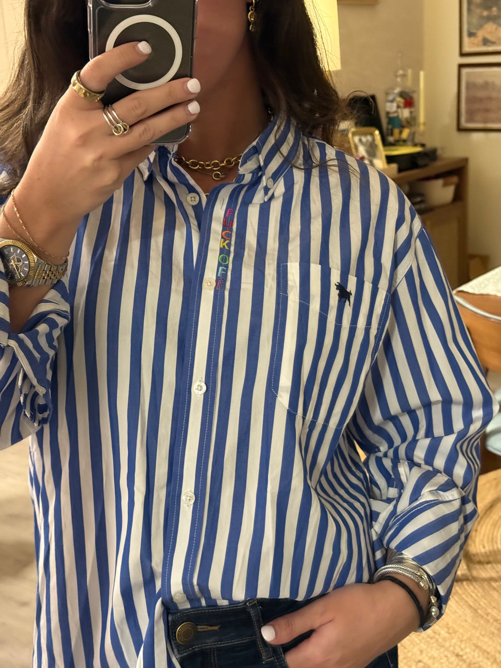 F Off Button Down - Blue Stripe & Rainbow
