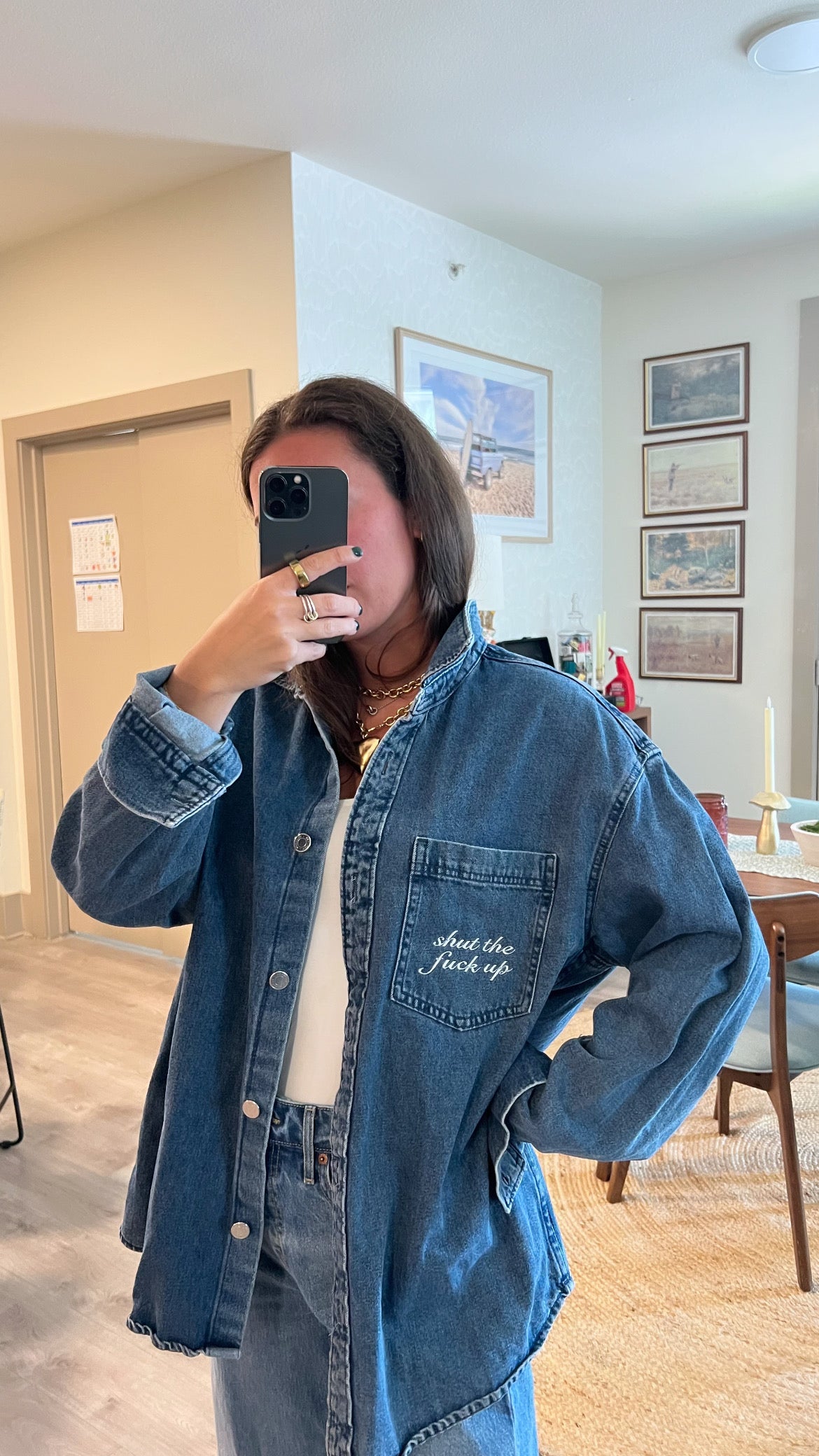 STFU Button Down - Denim & White- Size L