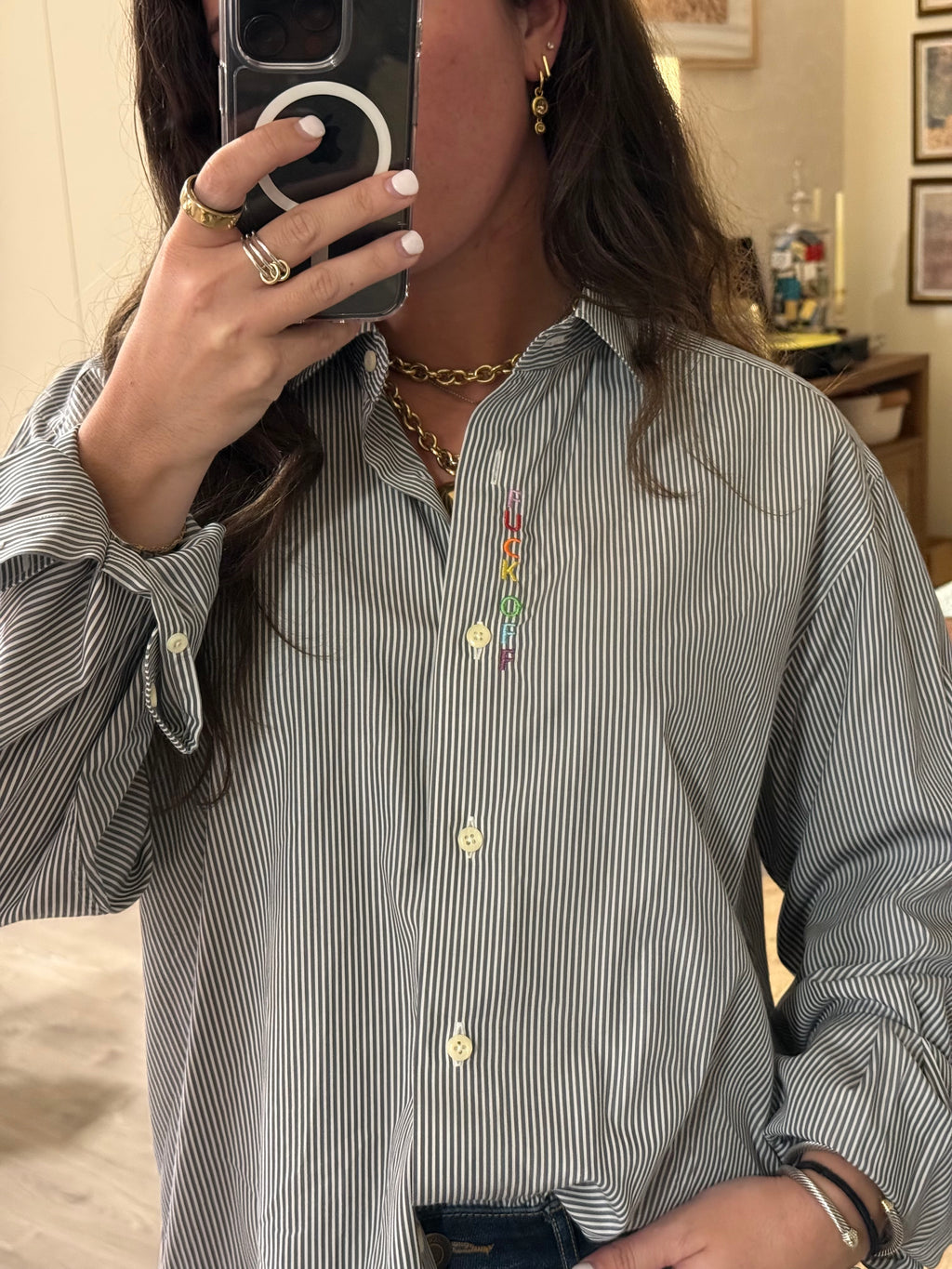 F Off Button Down - Gray Stripe & Rainbow
