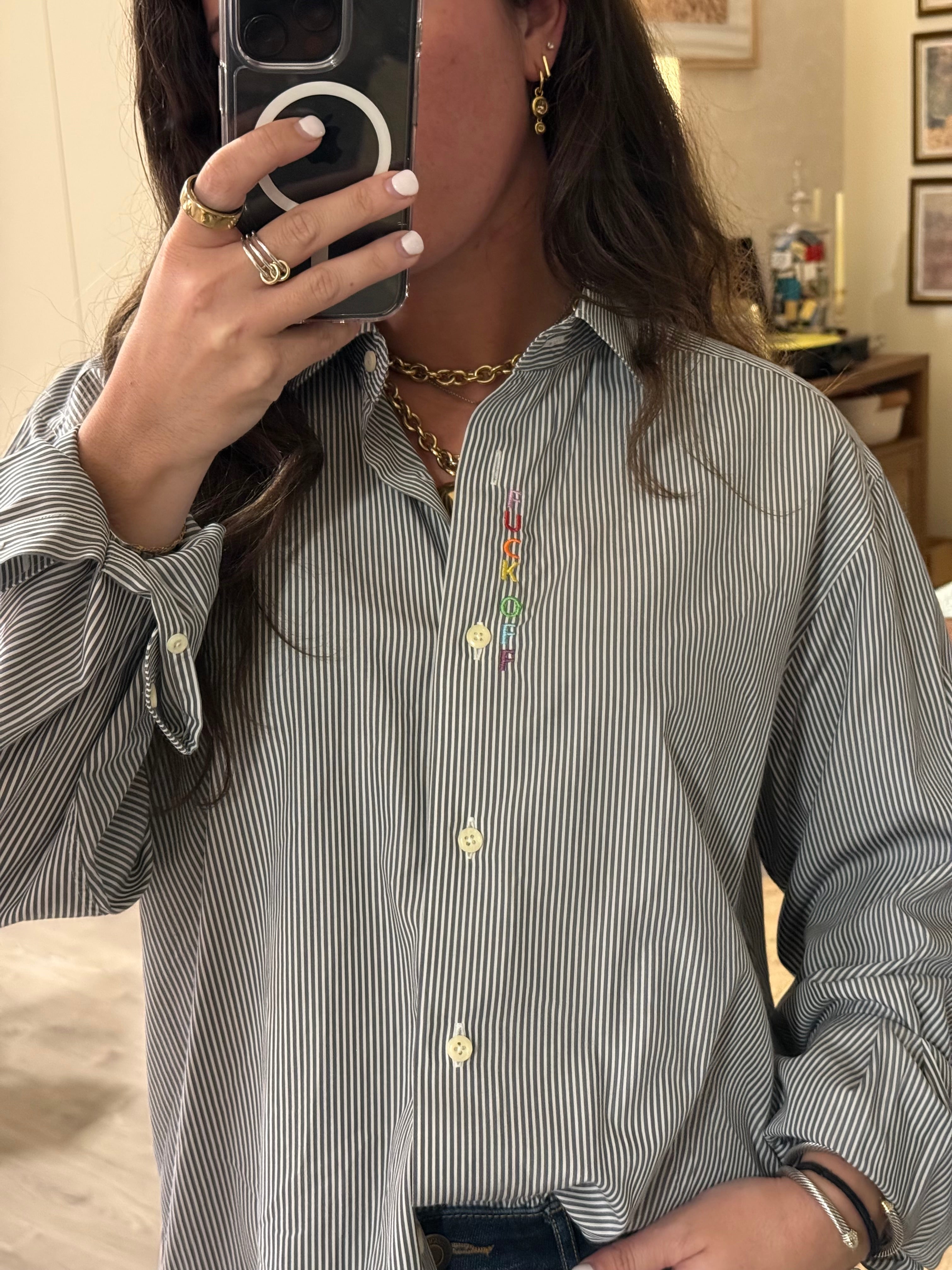 F Off Button Down - Gray Stripe & Rainbow