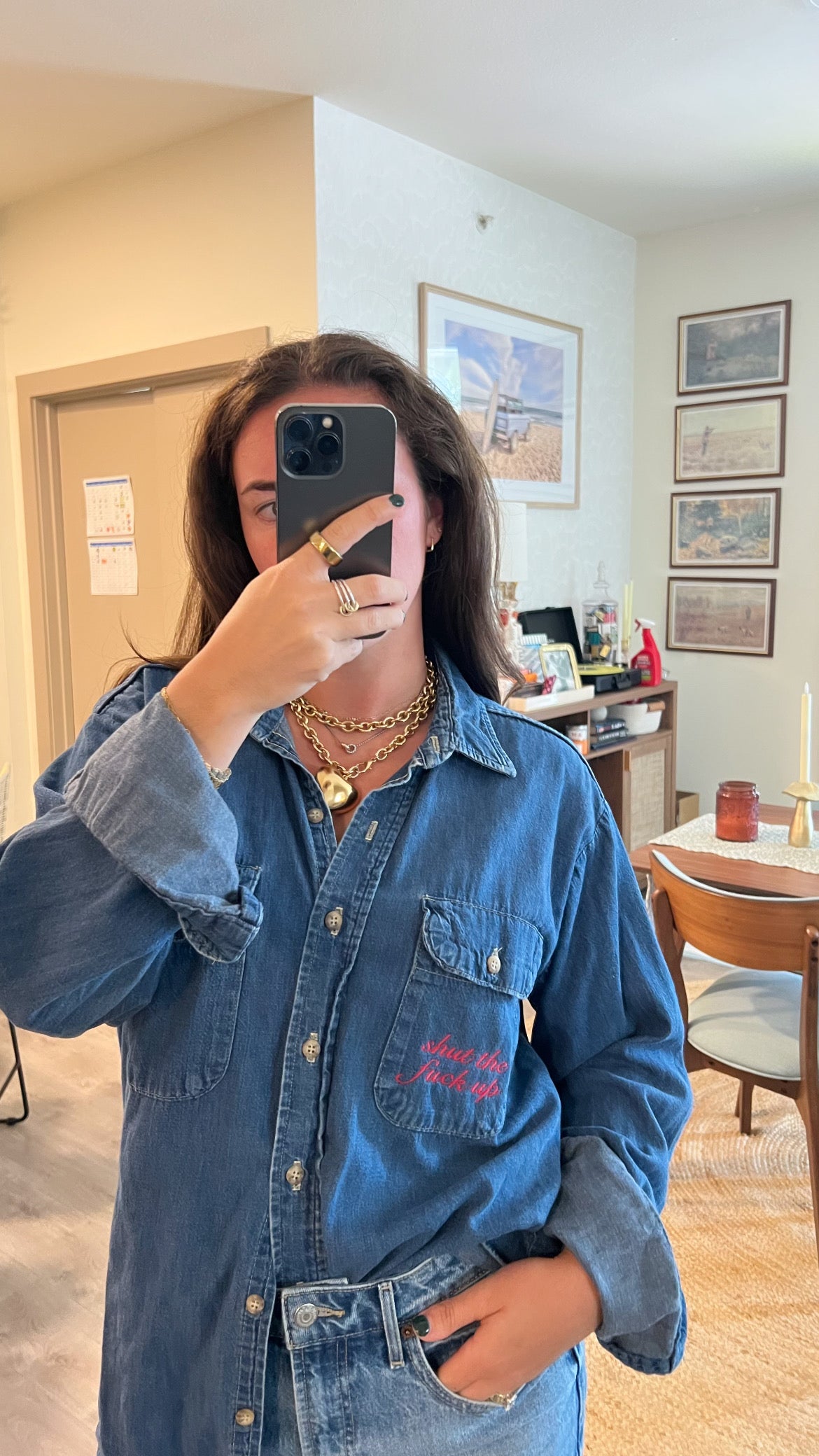 STFU Button Down - Denim & Red- Size L