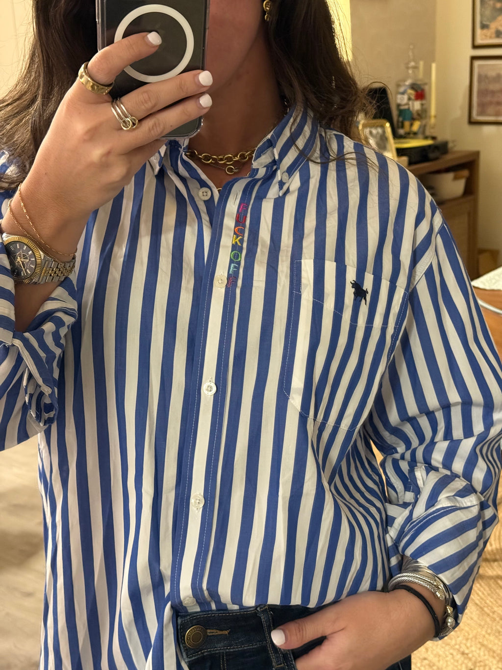 F Off Button Down - Blue Stripe & Rainbow