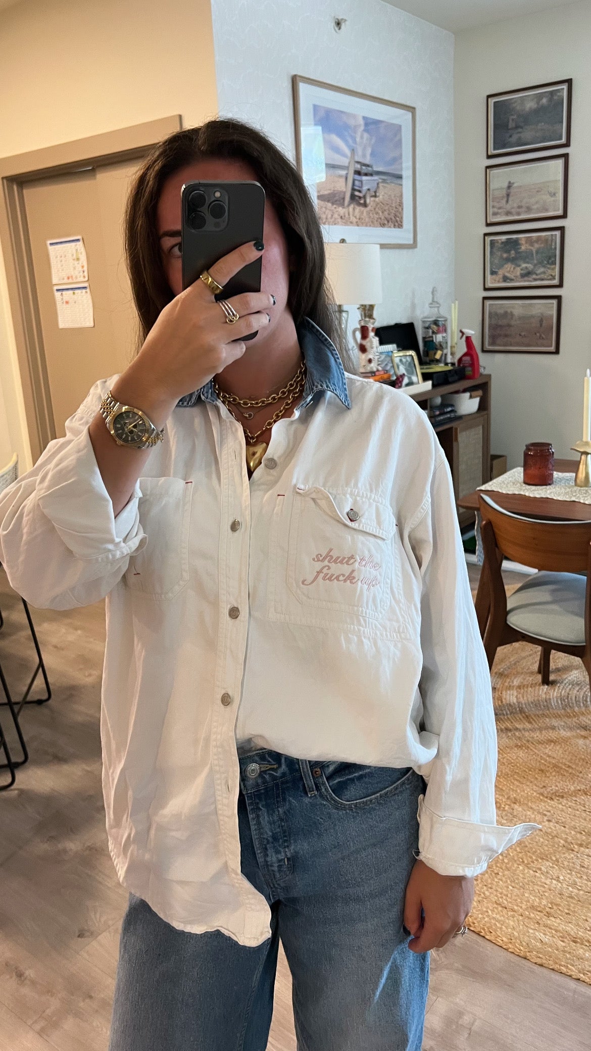 STFU Button Down - White Denim & Light Pink - Size L