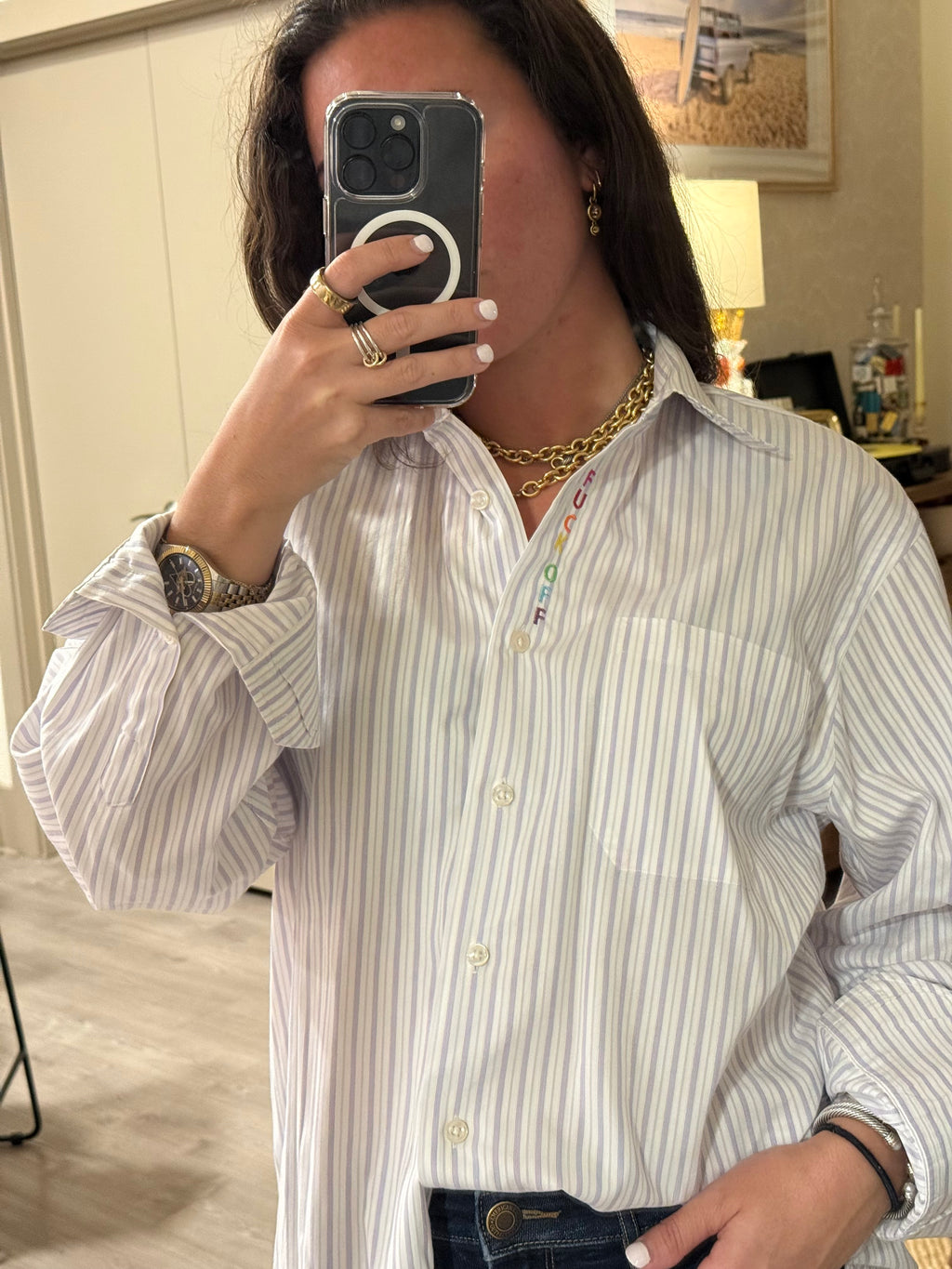 F Off Button Down - Purple Stripe & Rainbow