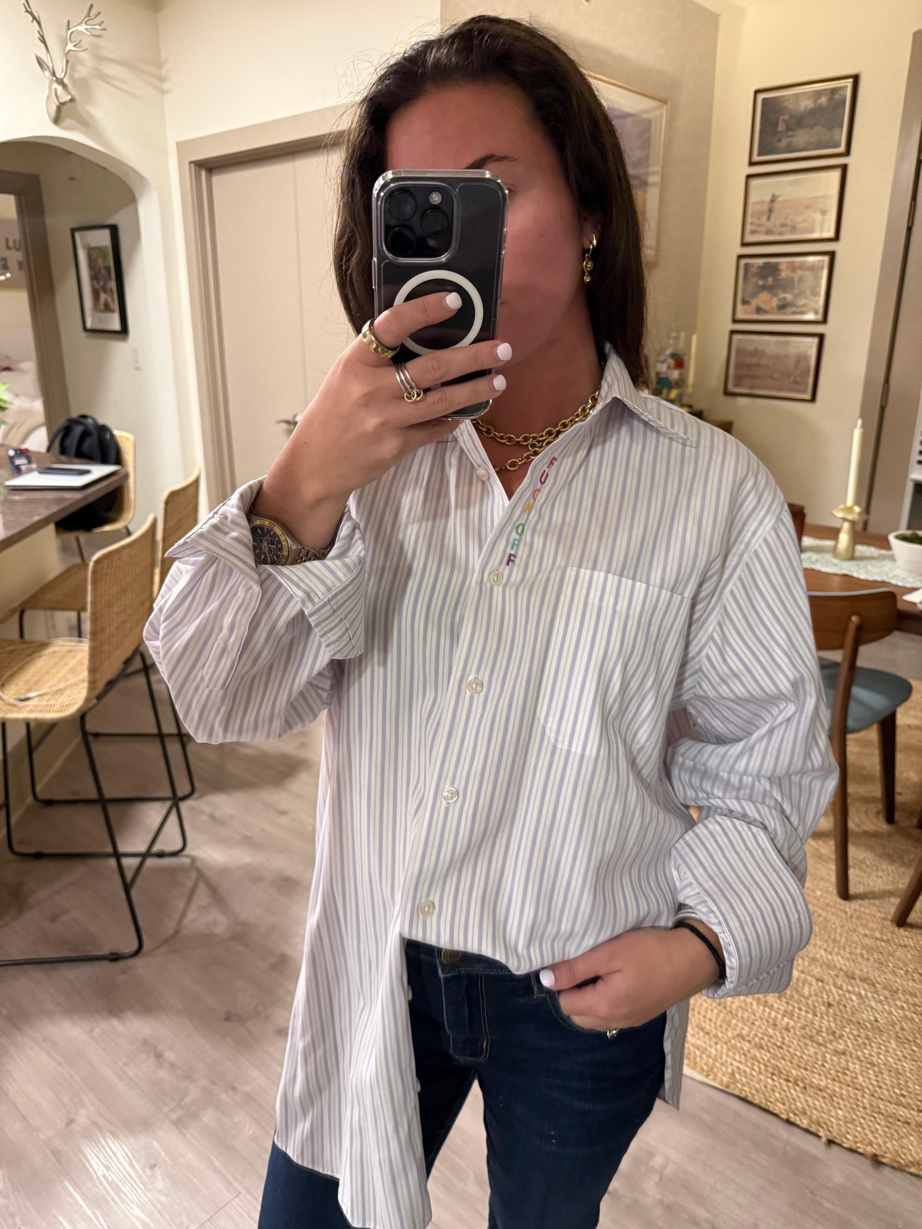 F Off Button Down - Purple Stripe & Rainbow