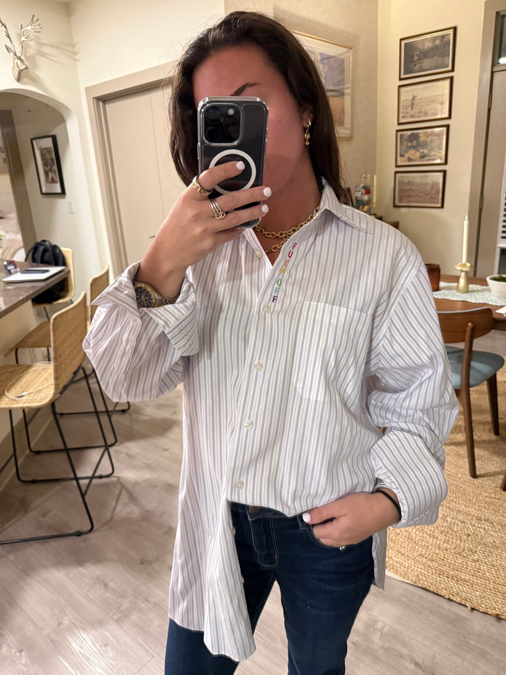 F Off Button Down - Purple Stripe & Rainbow