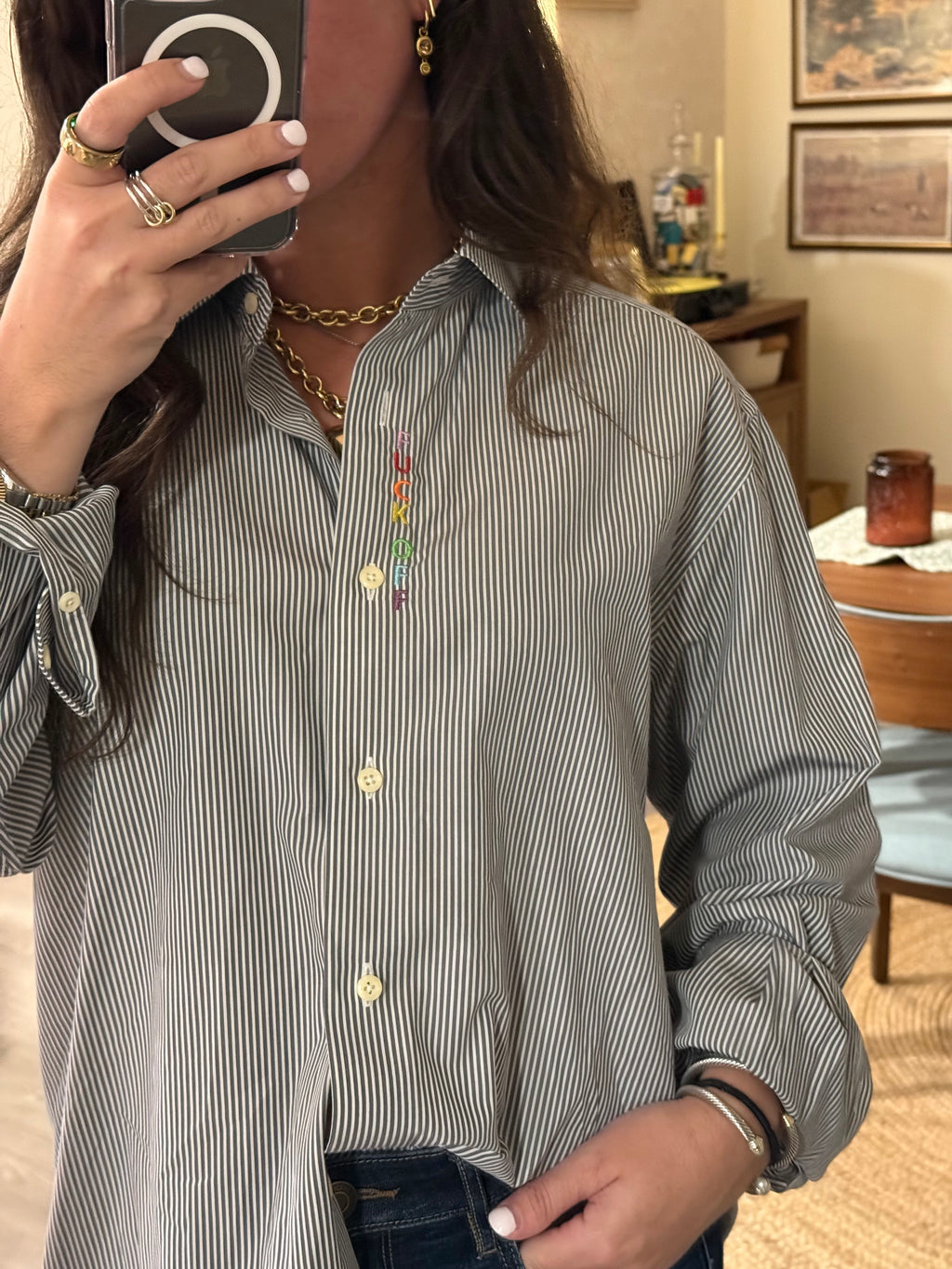 F Off Button Down - Gray Stripe & Rainbow