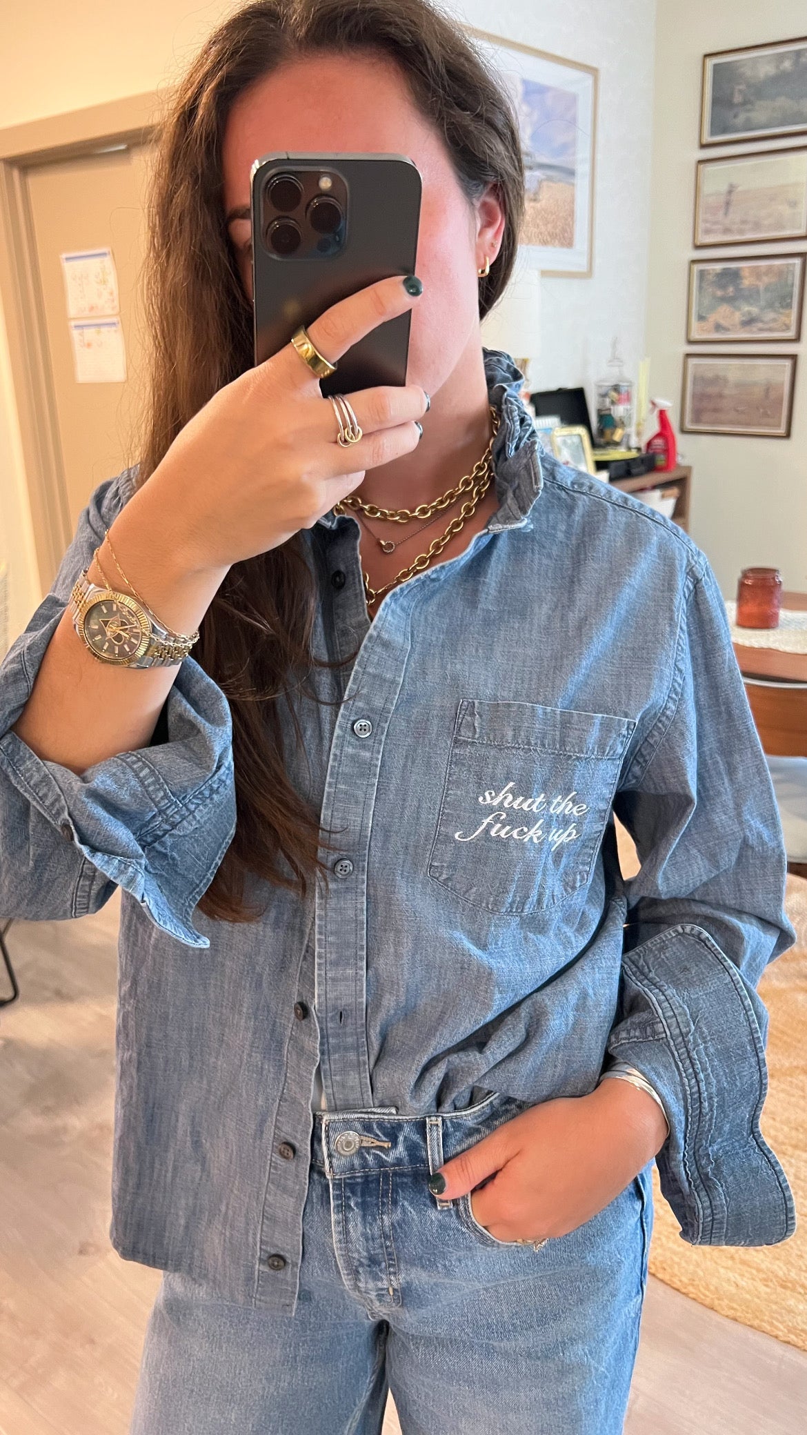 STFU Button Down - Denim & White - Size L