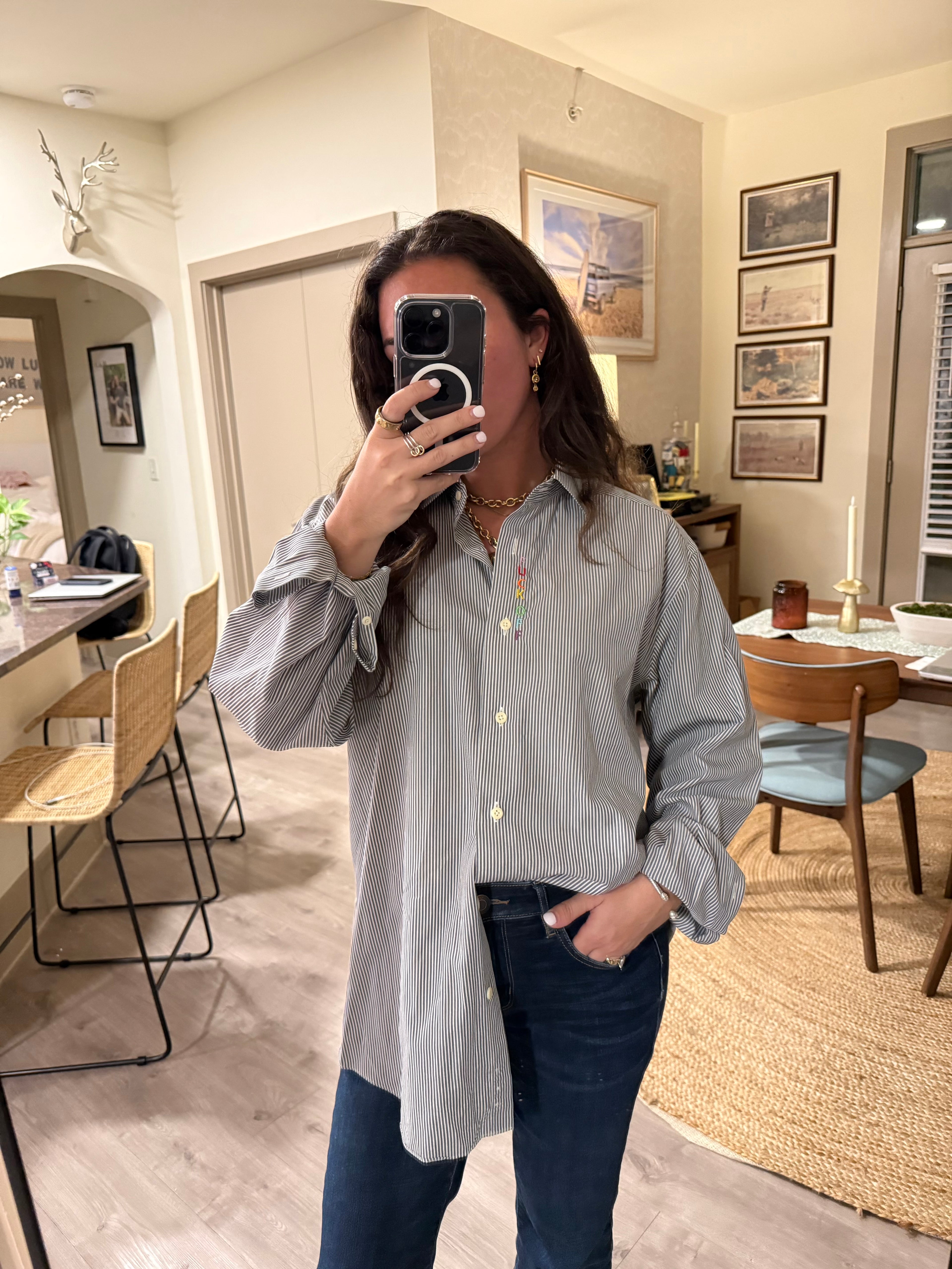 F Off Button Down - Gray Stripe & Rainbow