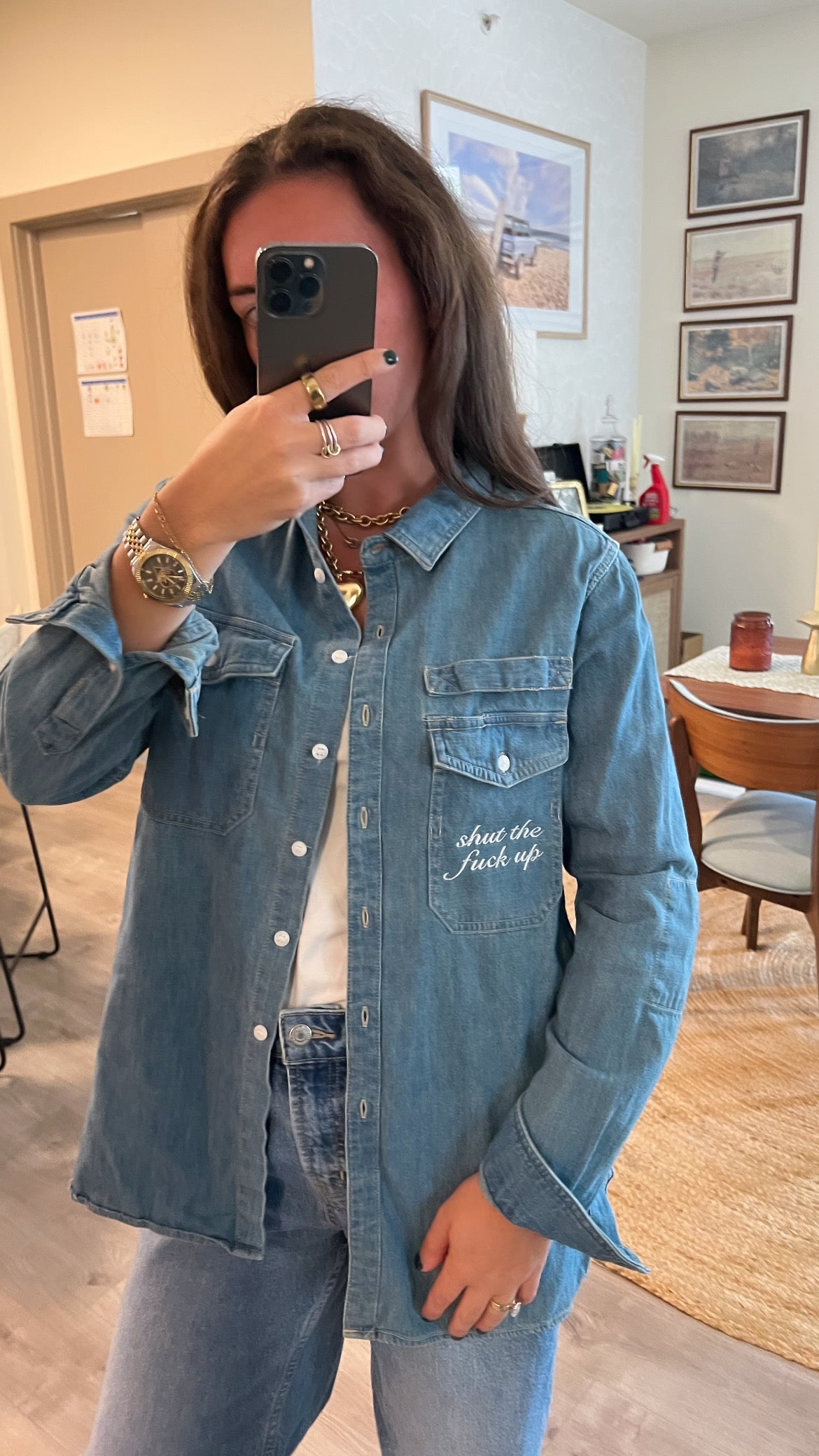 STFU Button Down - Denim & White - Size S