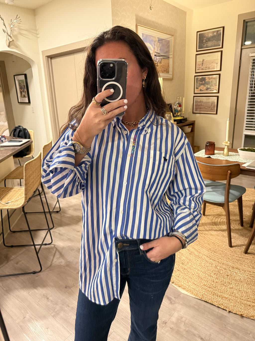 F Off Button Down - Blue Stripe & Rainbow