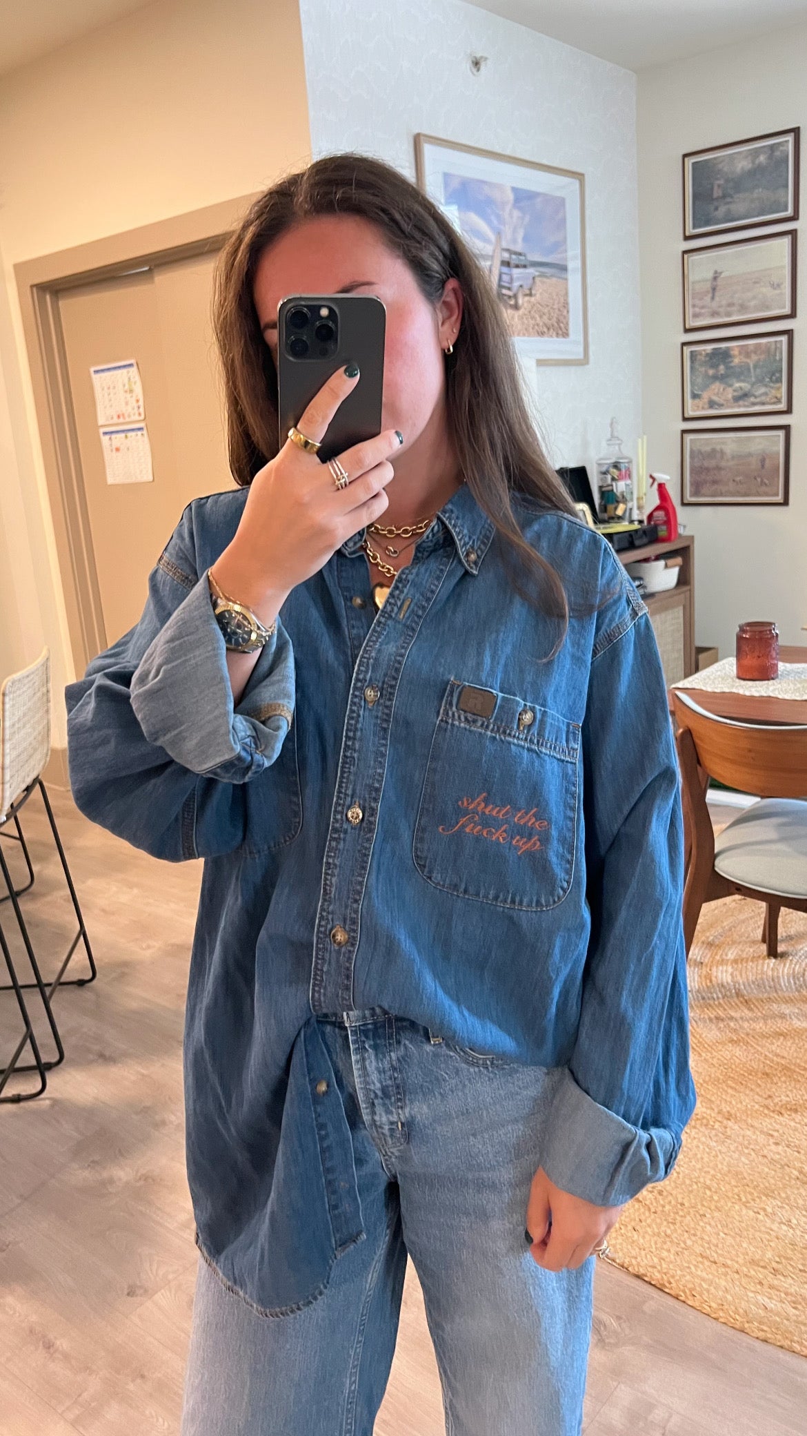 STFU Button Down - Denim & Bronze- Size XL