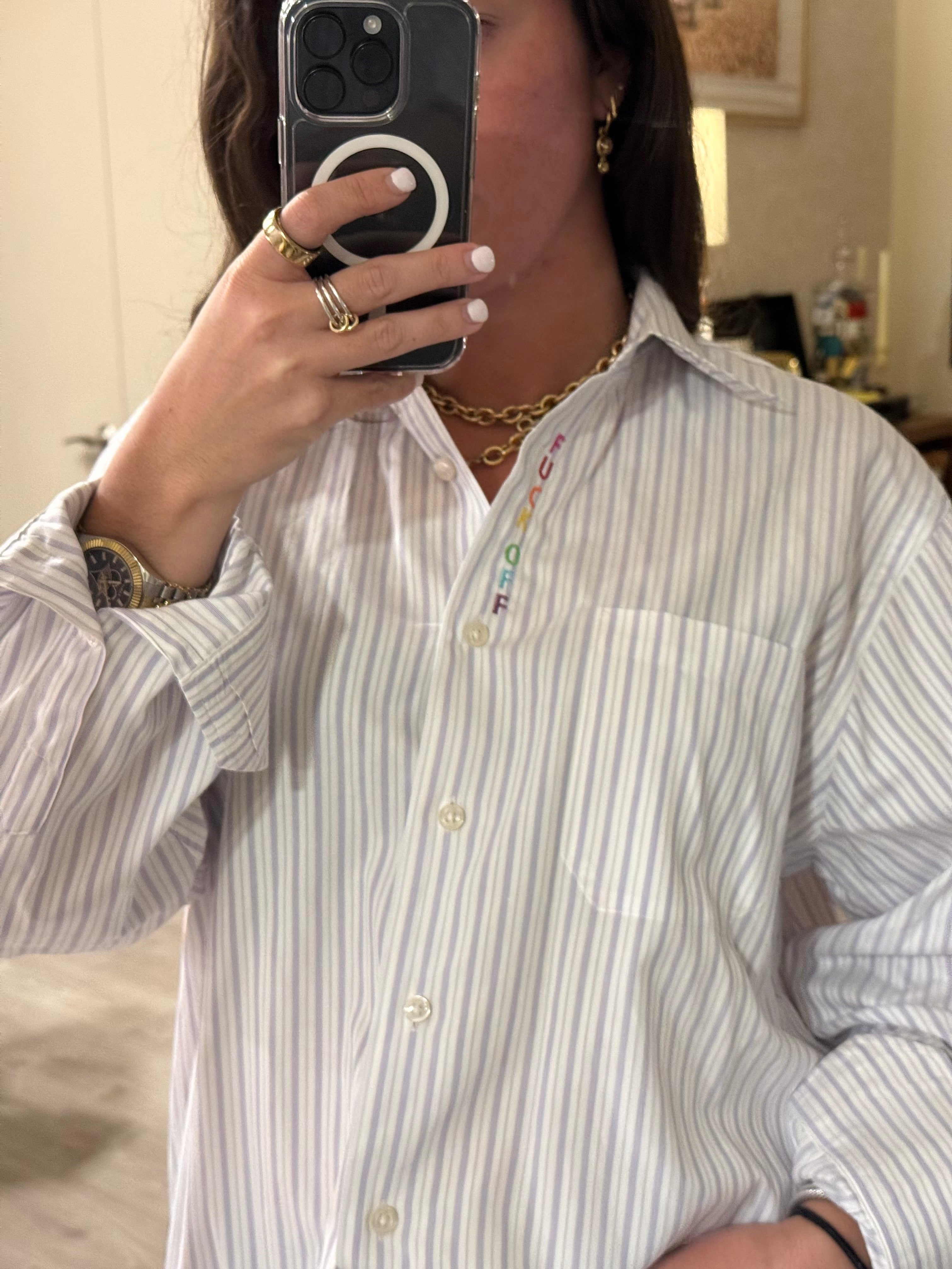F Off Button Down - Purple Stripe & Rainbow