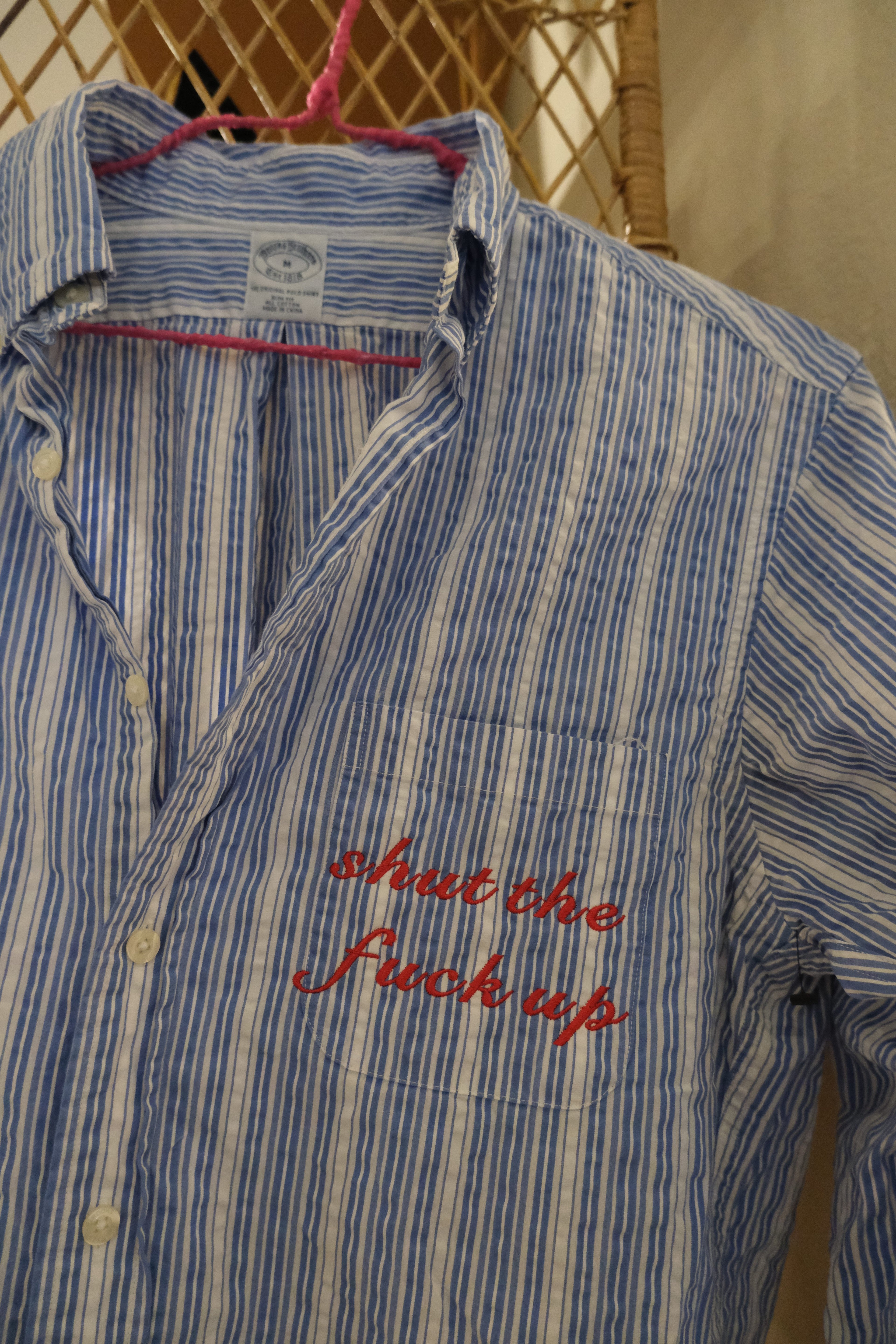 STFU Button Down - Blue/White Stripes & Red