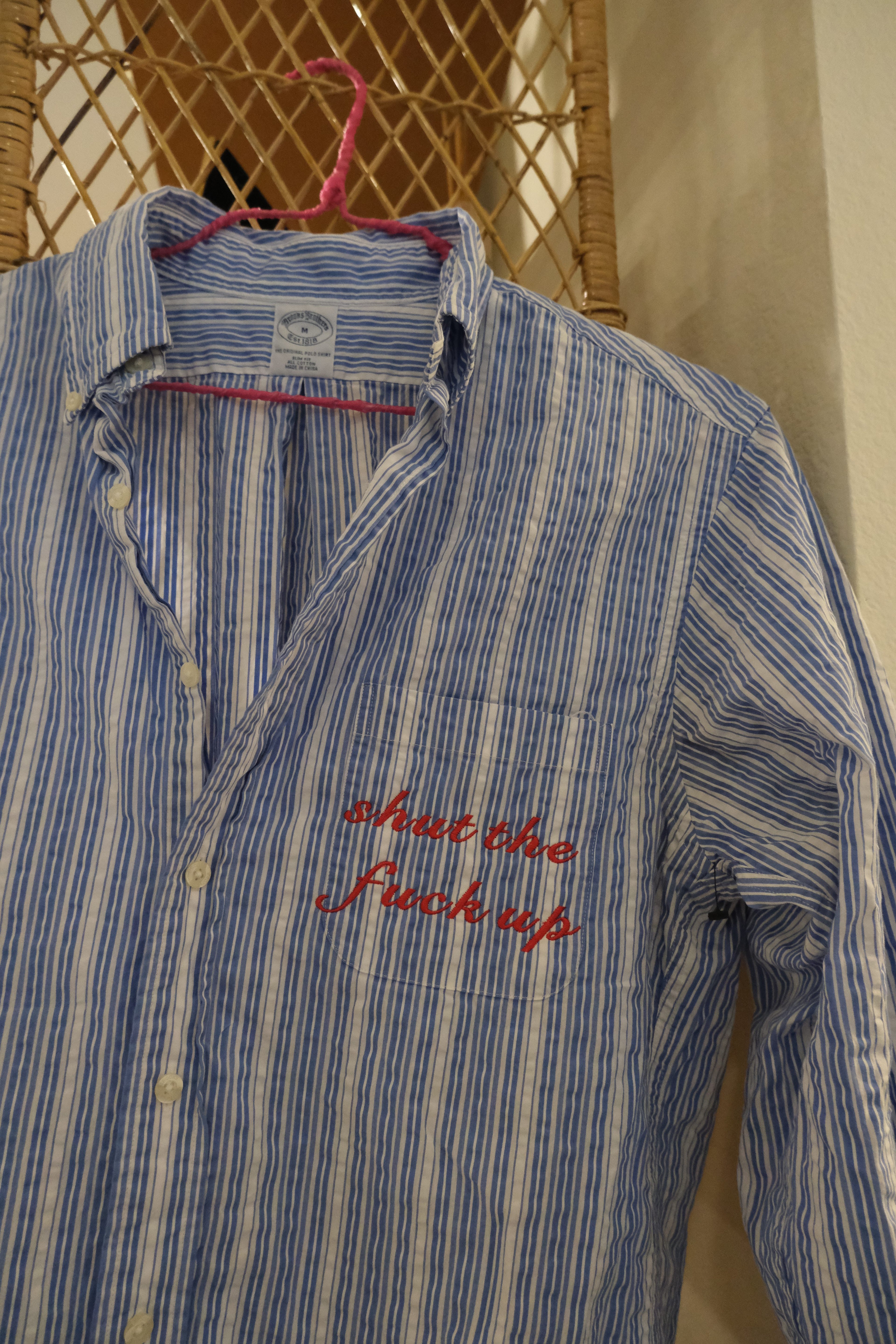 STFU Button Down - Blue/White Stripes & Red