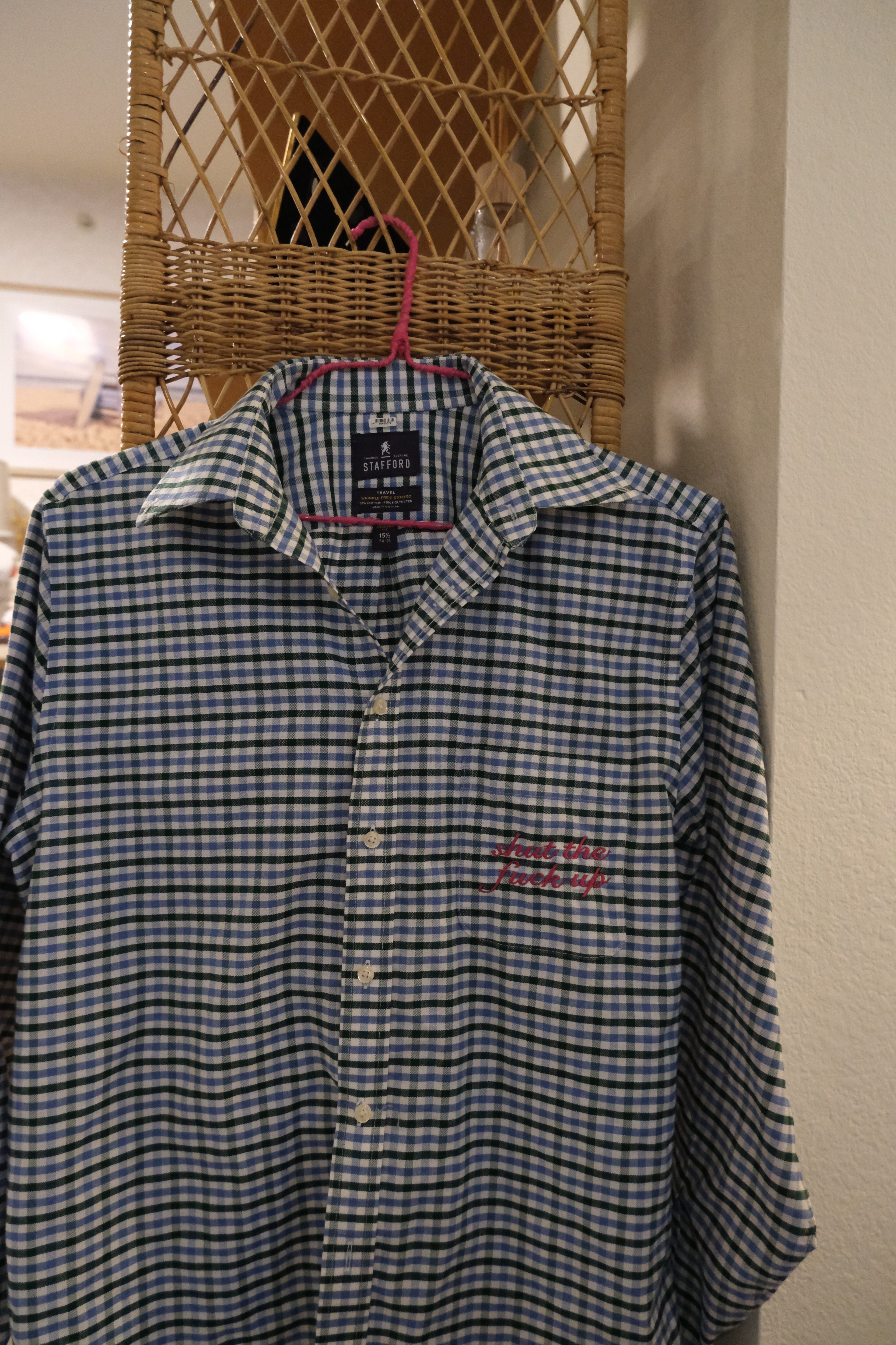 STFU Button Down - Green/Blue Checkered & Pink