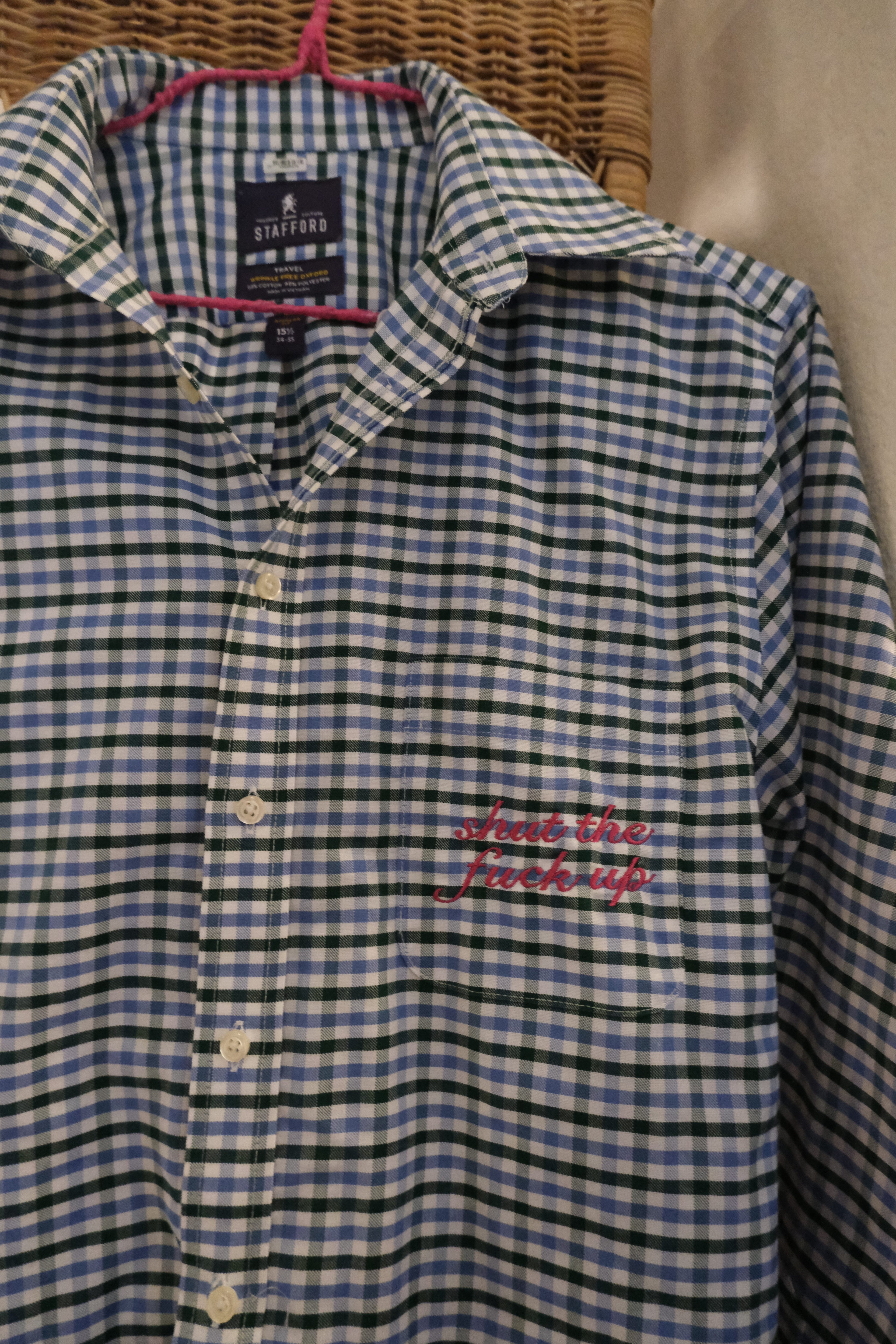 STFU Button Down - Green/Blue Checkered & Pink