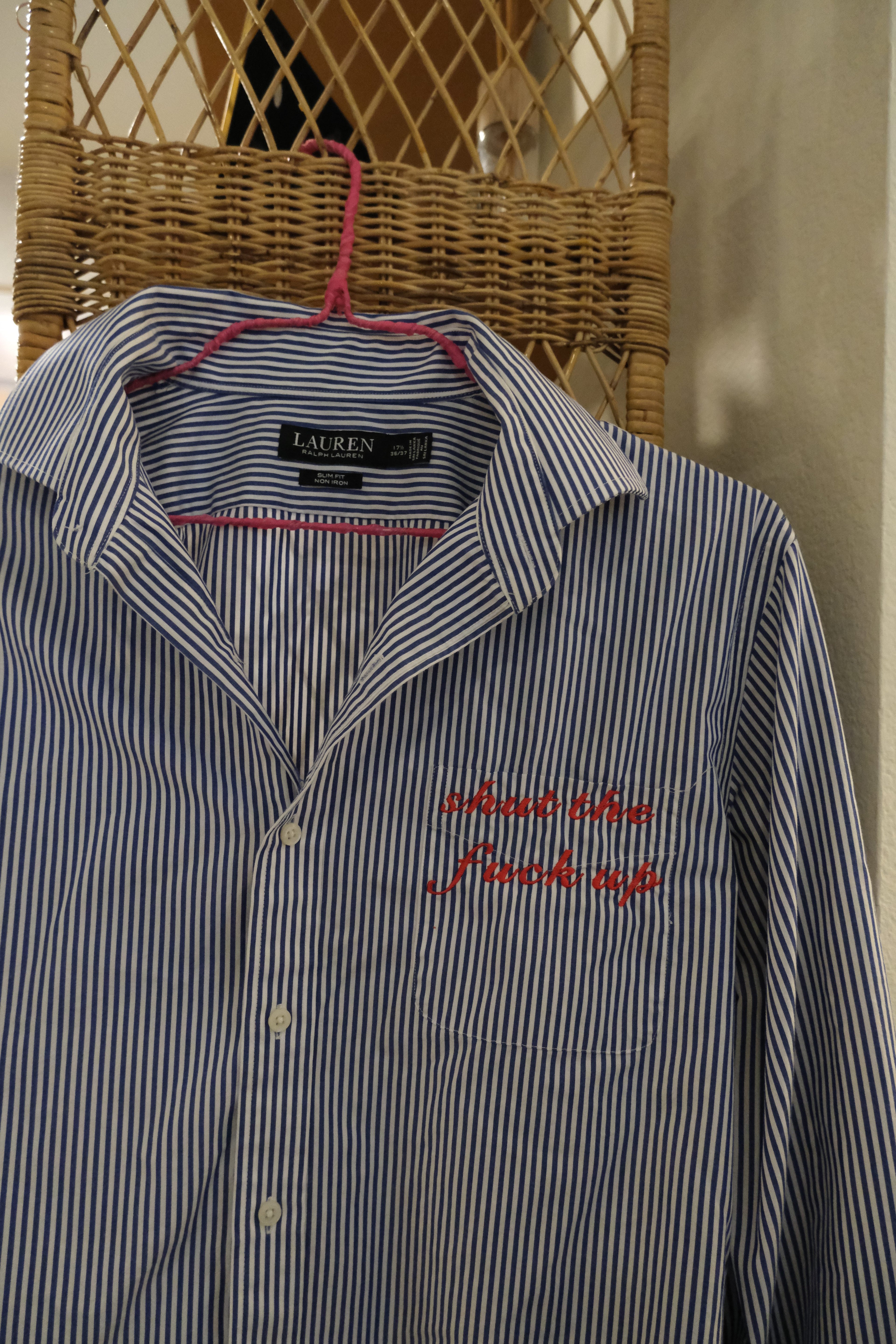 STFU Button Down - Blue Stripes & Red