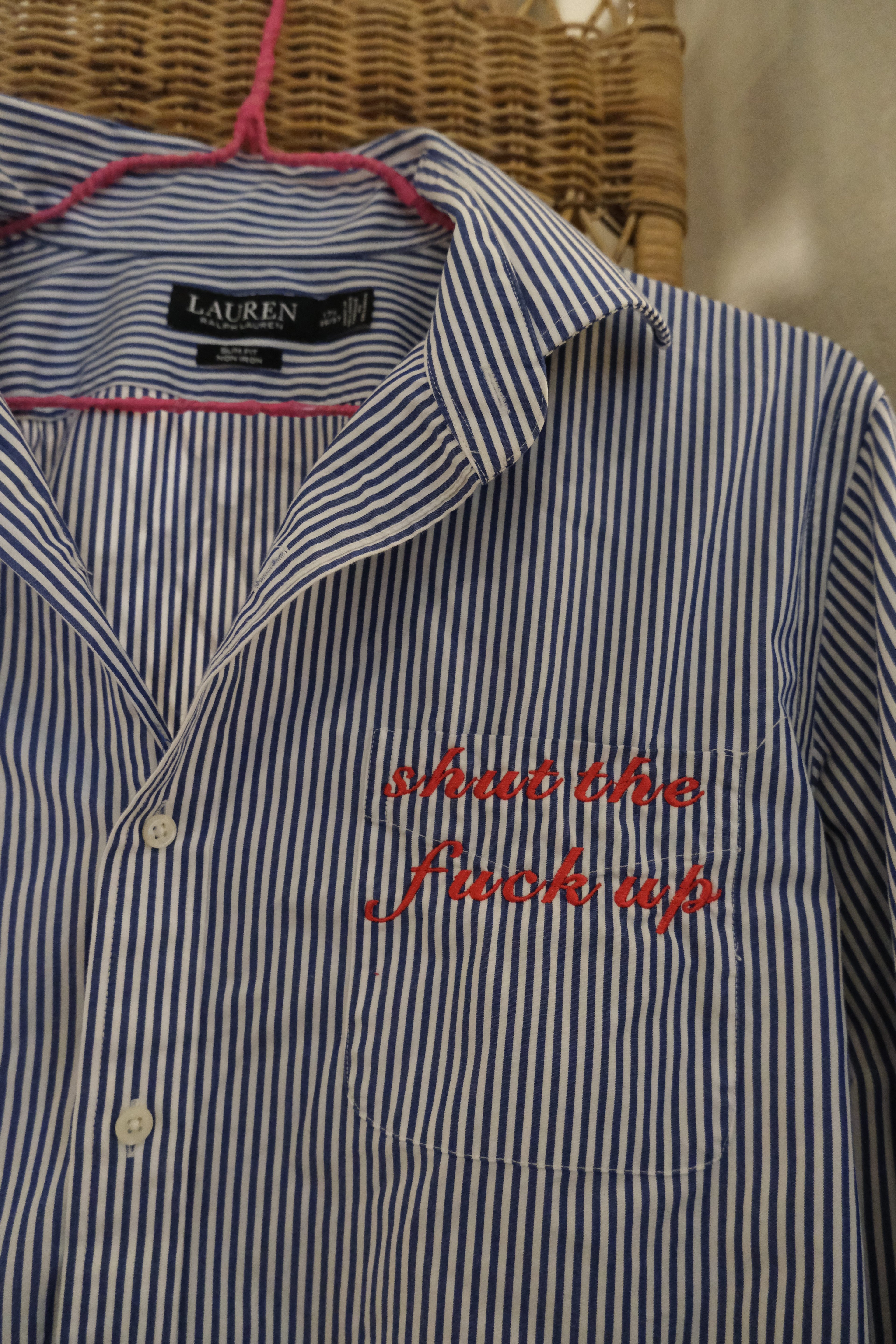 STFU Button Down - Blue Stripes & Red