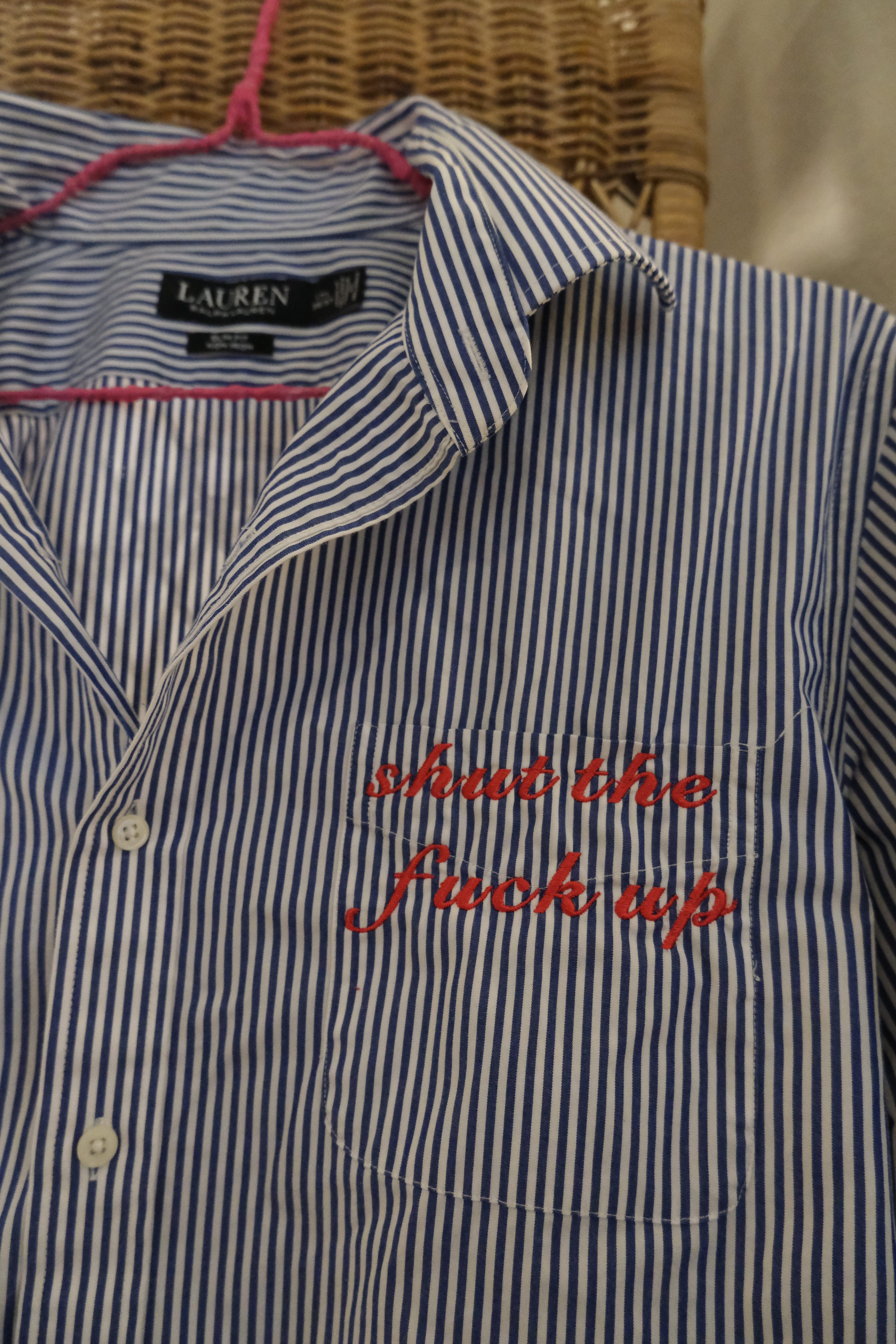 STFU Button Down - Blue Stripes & Red