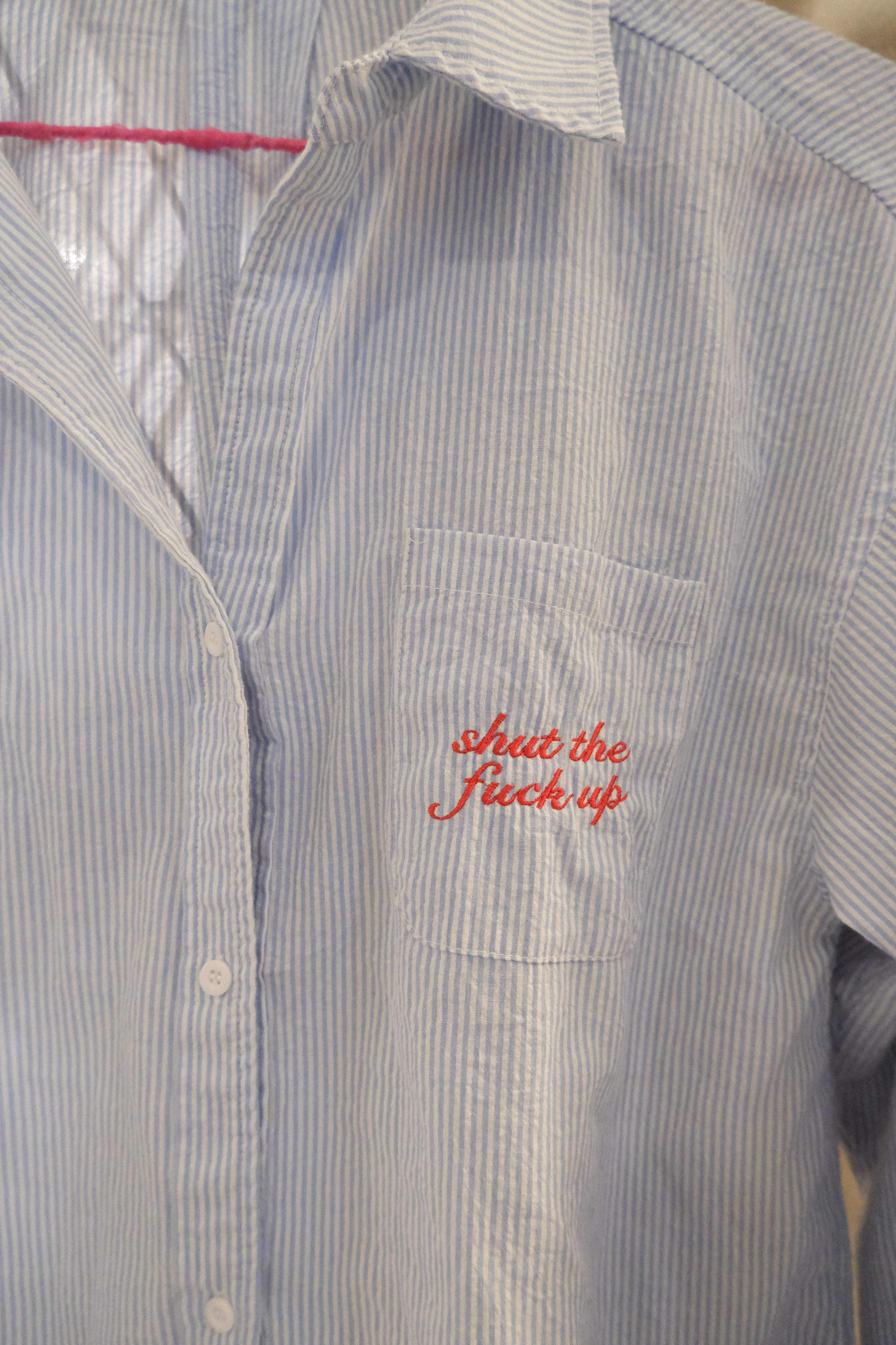 STFU Button Down - Blue Seersucker & White