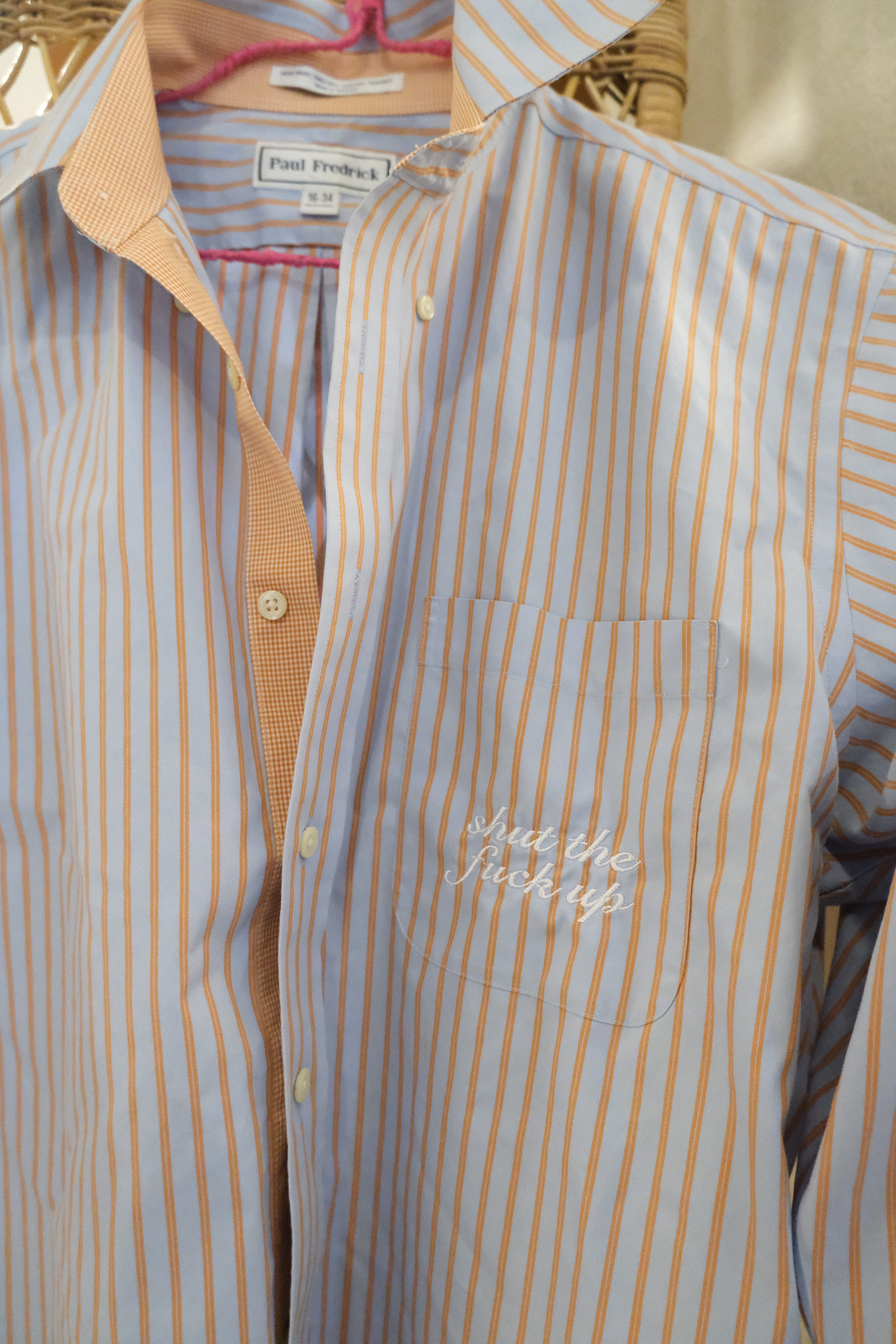STFU Button Down - Blue/Orange Stripe & White