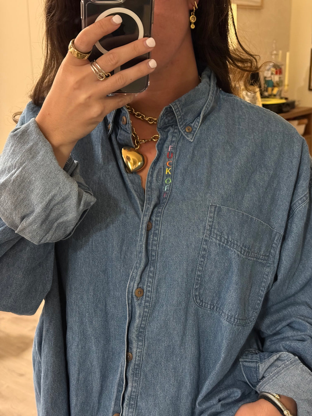 F Off Button Down - Denim & Rainbow