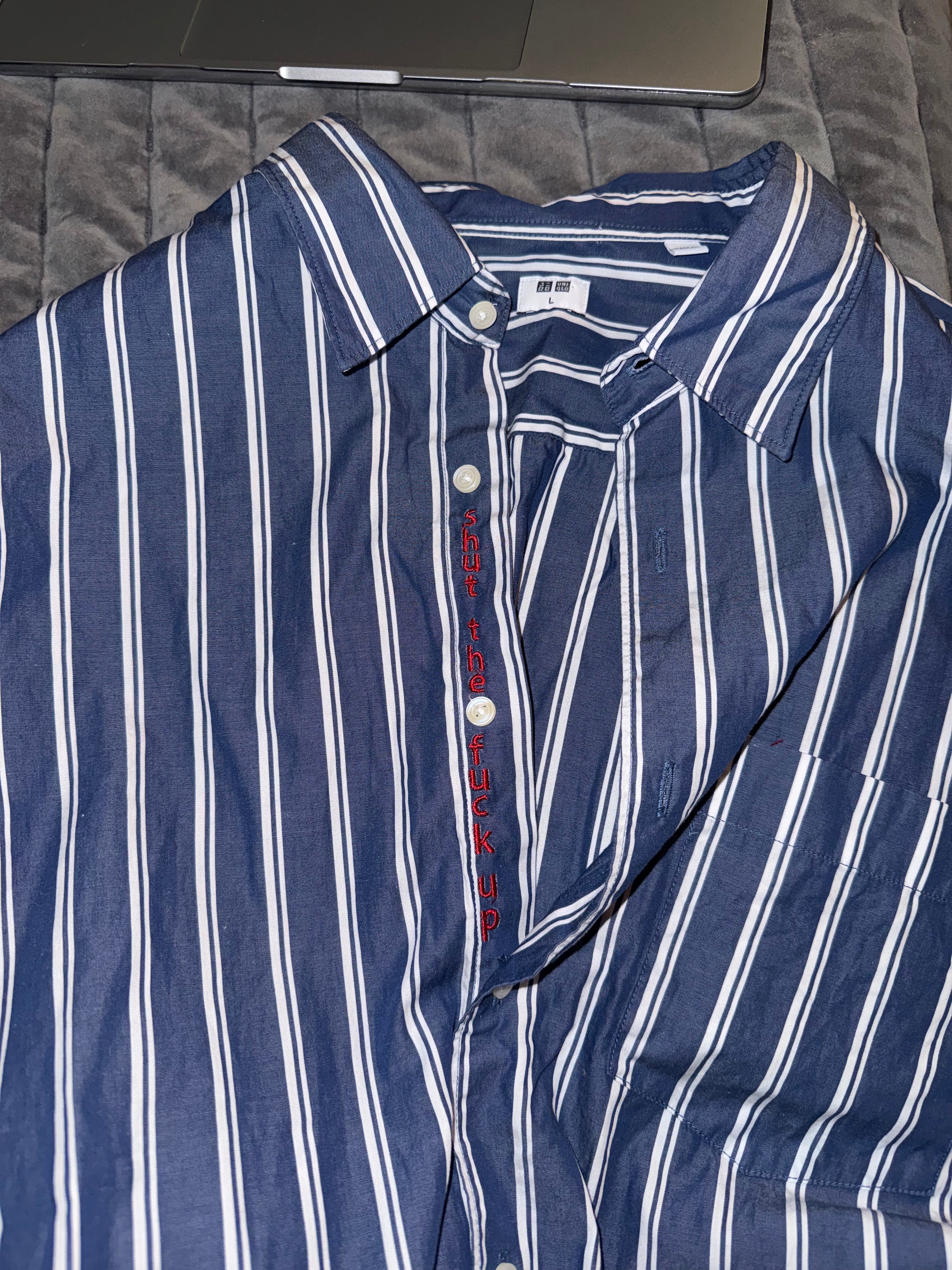 STFU Button Down - Blue Stripes & Rep (Size L)