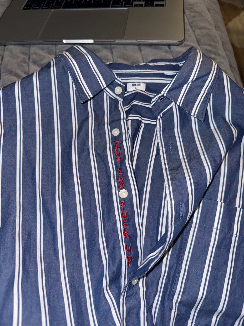 STFU Button Down - Blue Stripes & Rep (Size L)