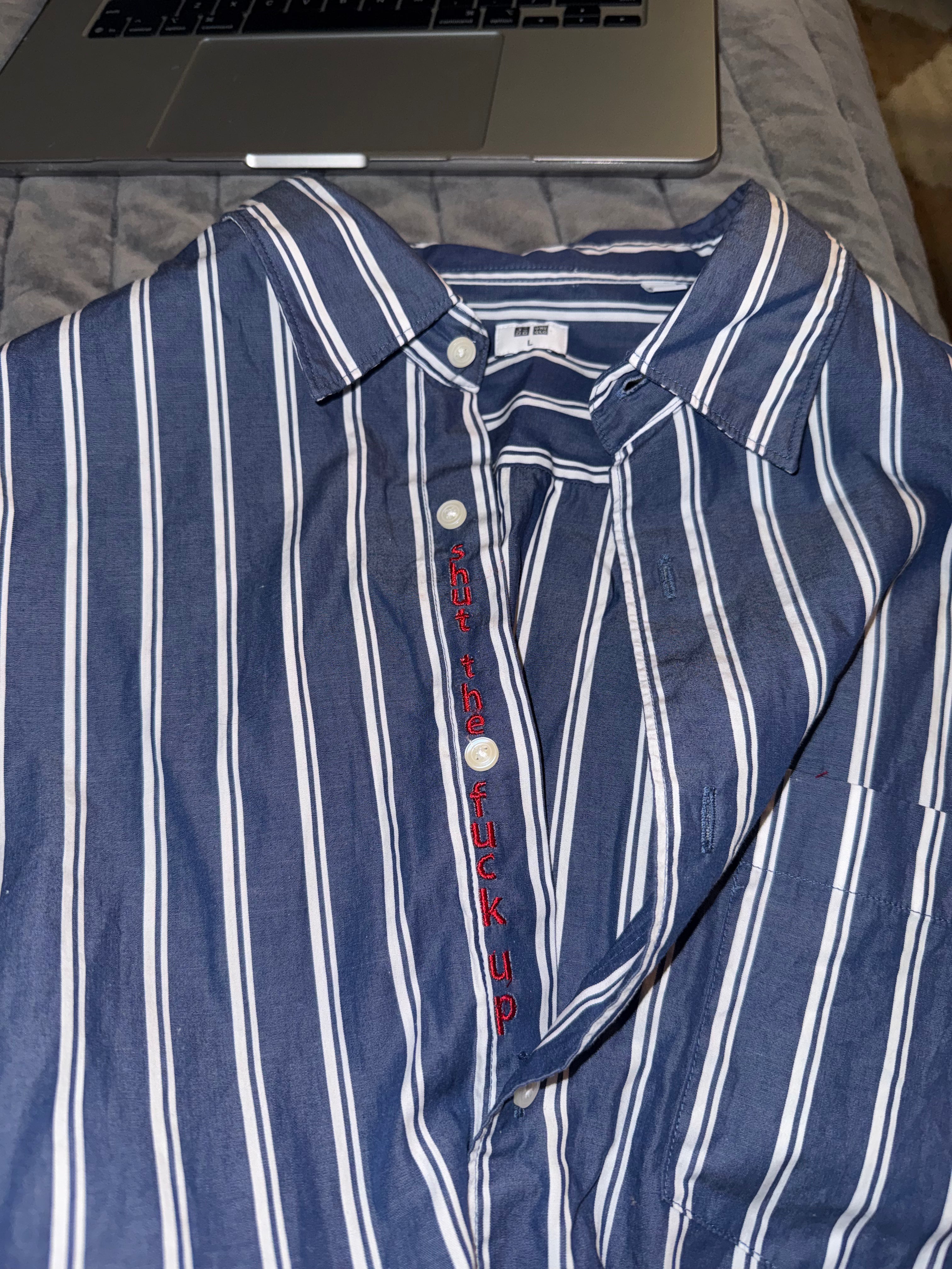 STFU Button Down - Blue Stripes & Rep (Size L)
