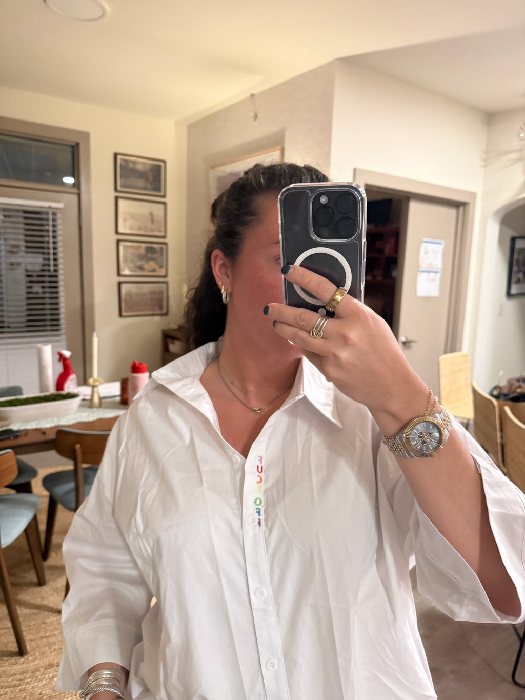 F Off Button Down - White & Rainbow