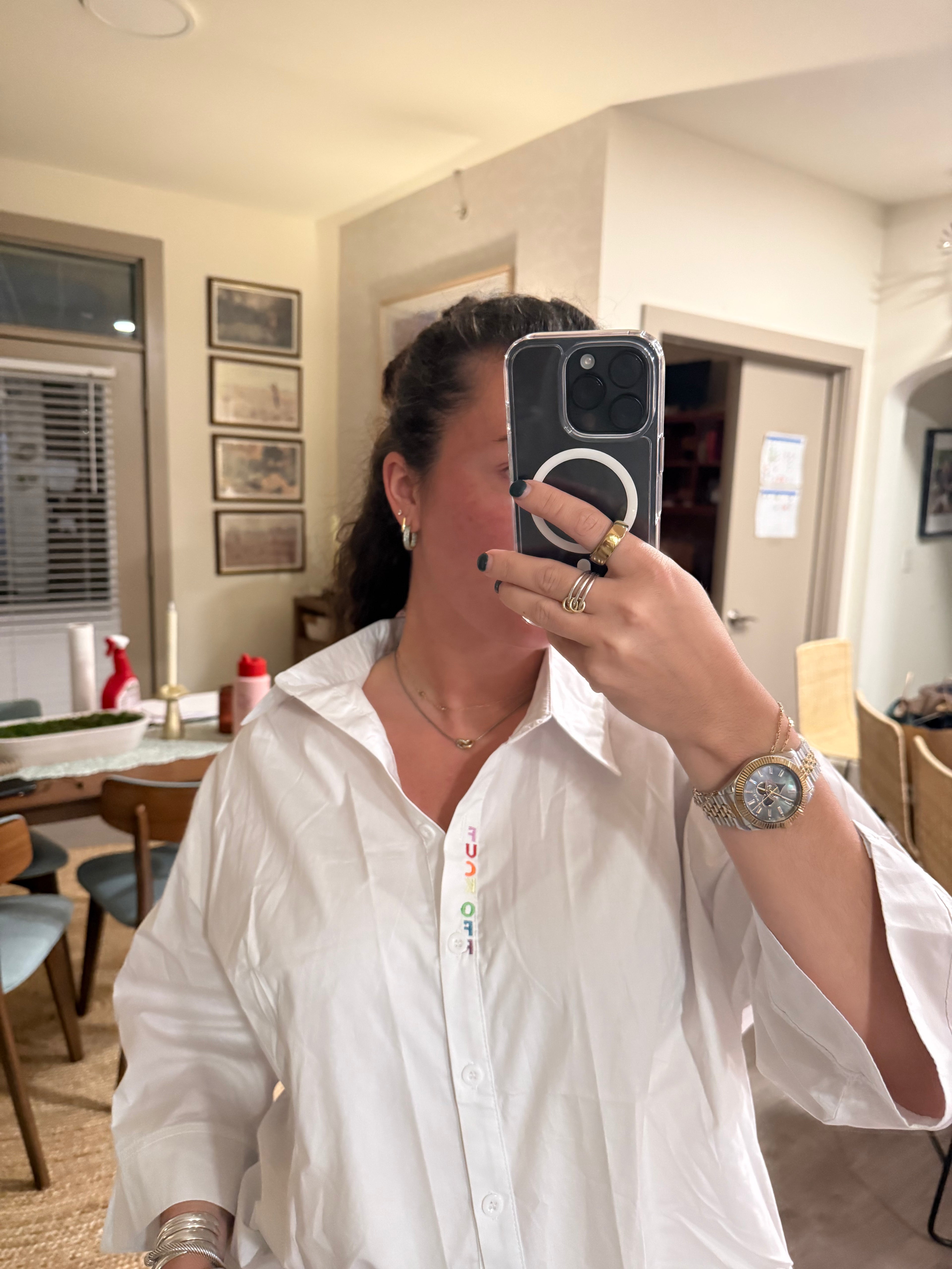 F Off Button Down - White & Rainbow