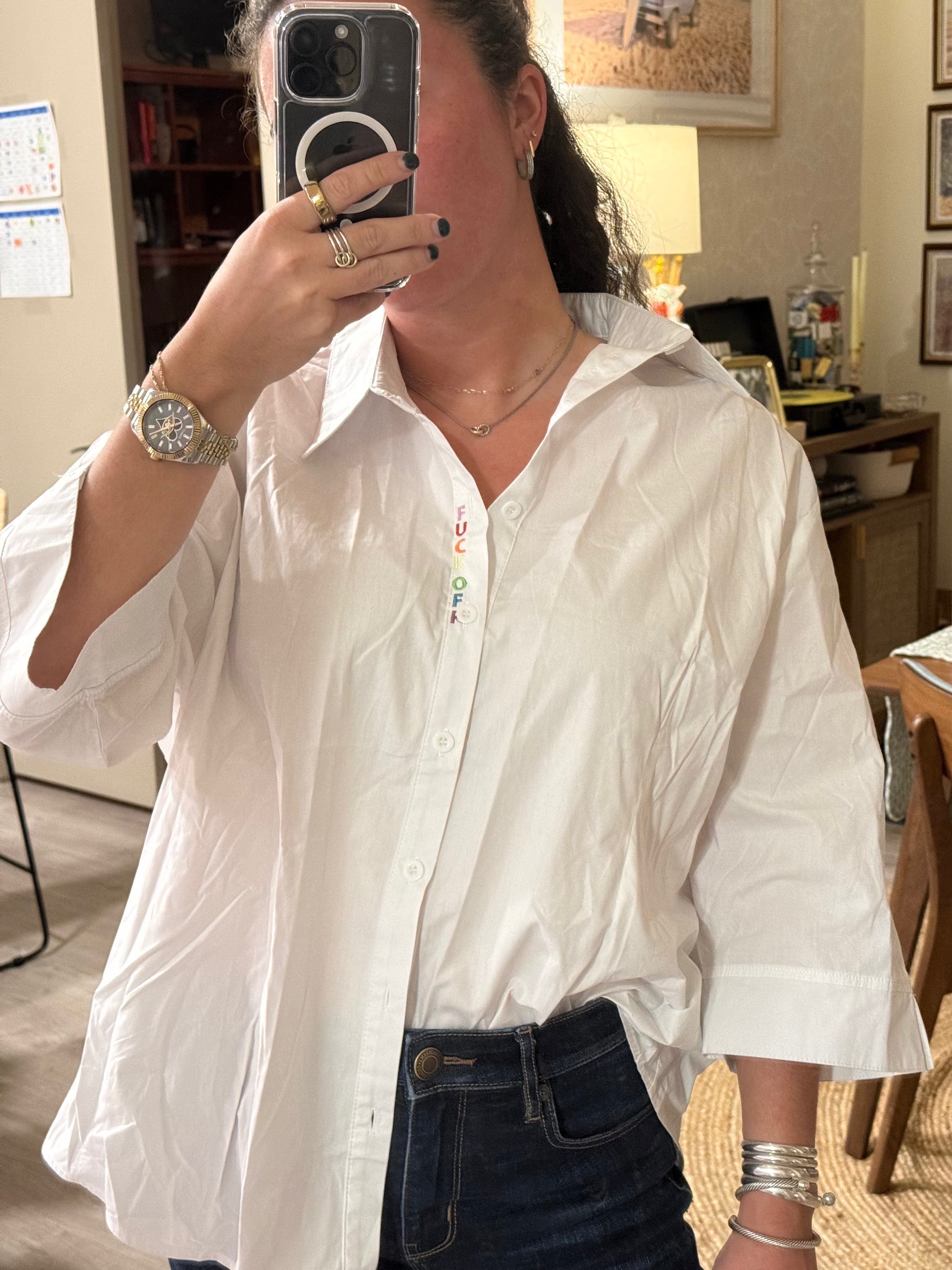 F Off Button Down - White & Rainbow