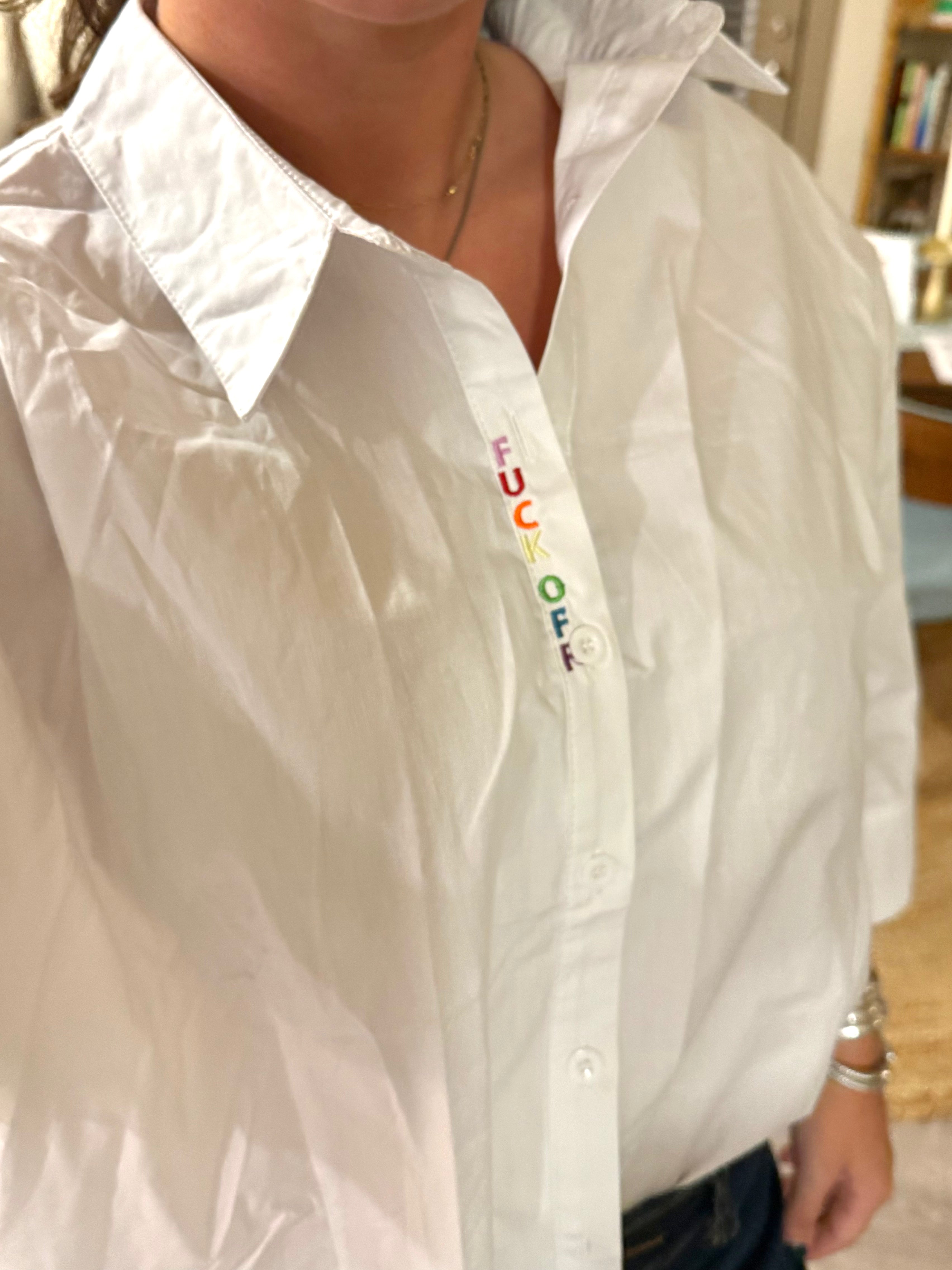 F Off Button Down - White & Rainbow