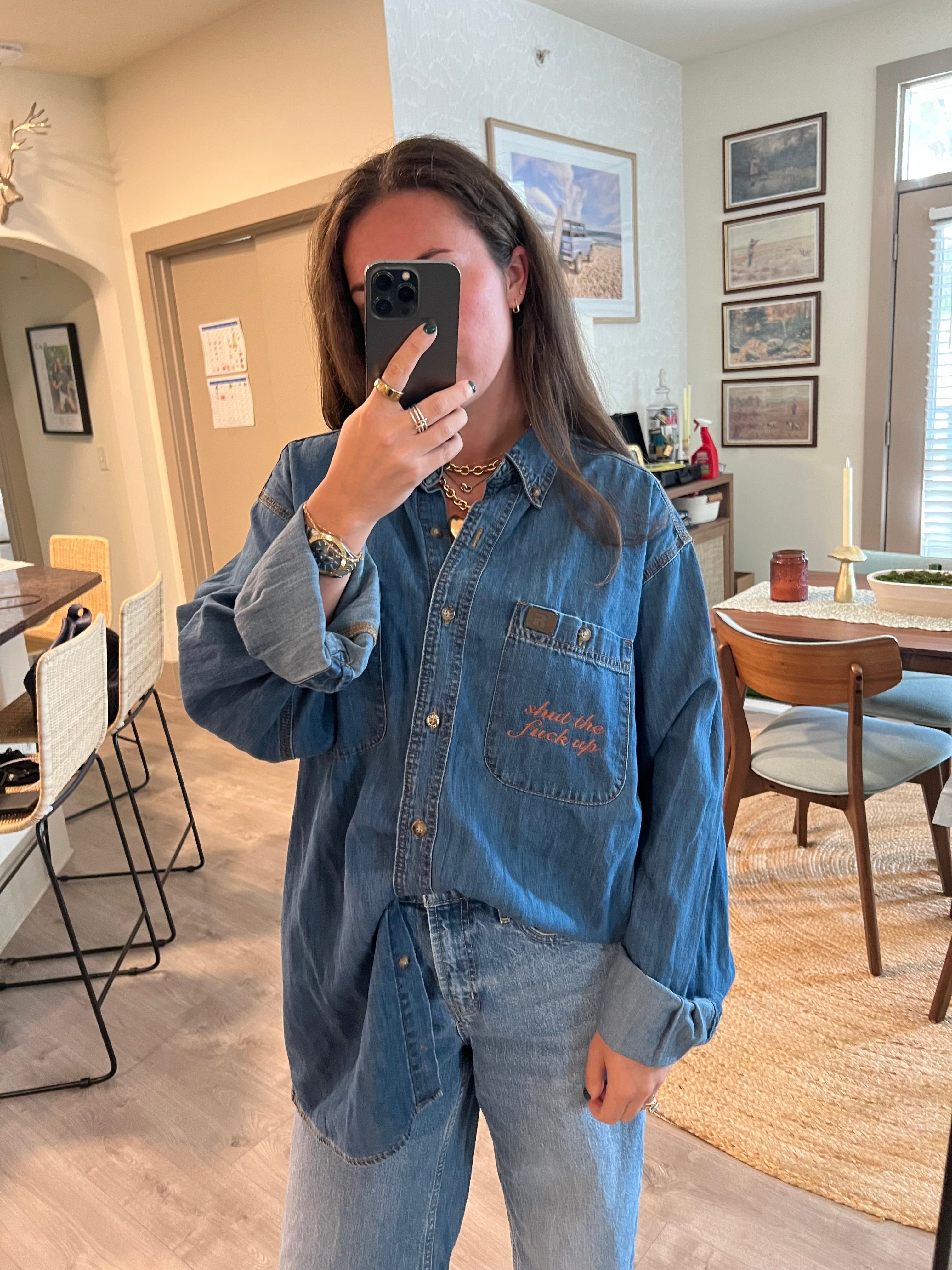 STFU Button Down - Denim & Bronze- Size XL
