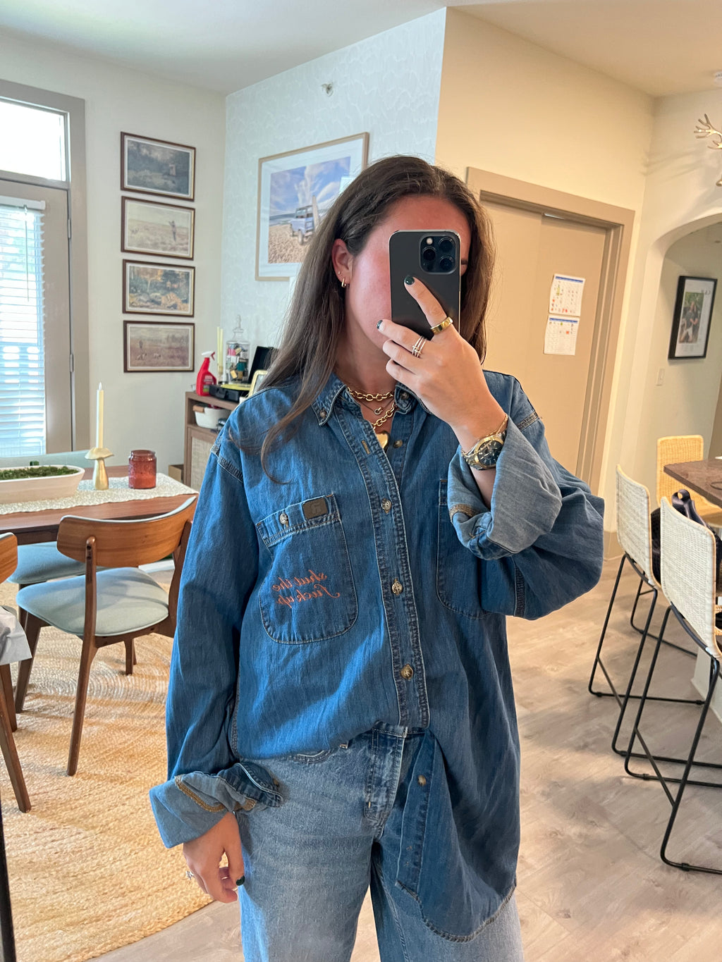 STFU Button Down - Denim & Bronze- Size XL