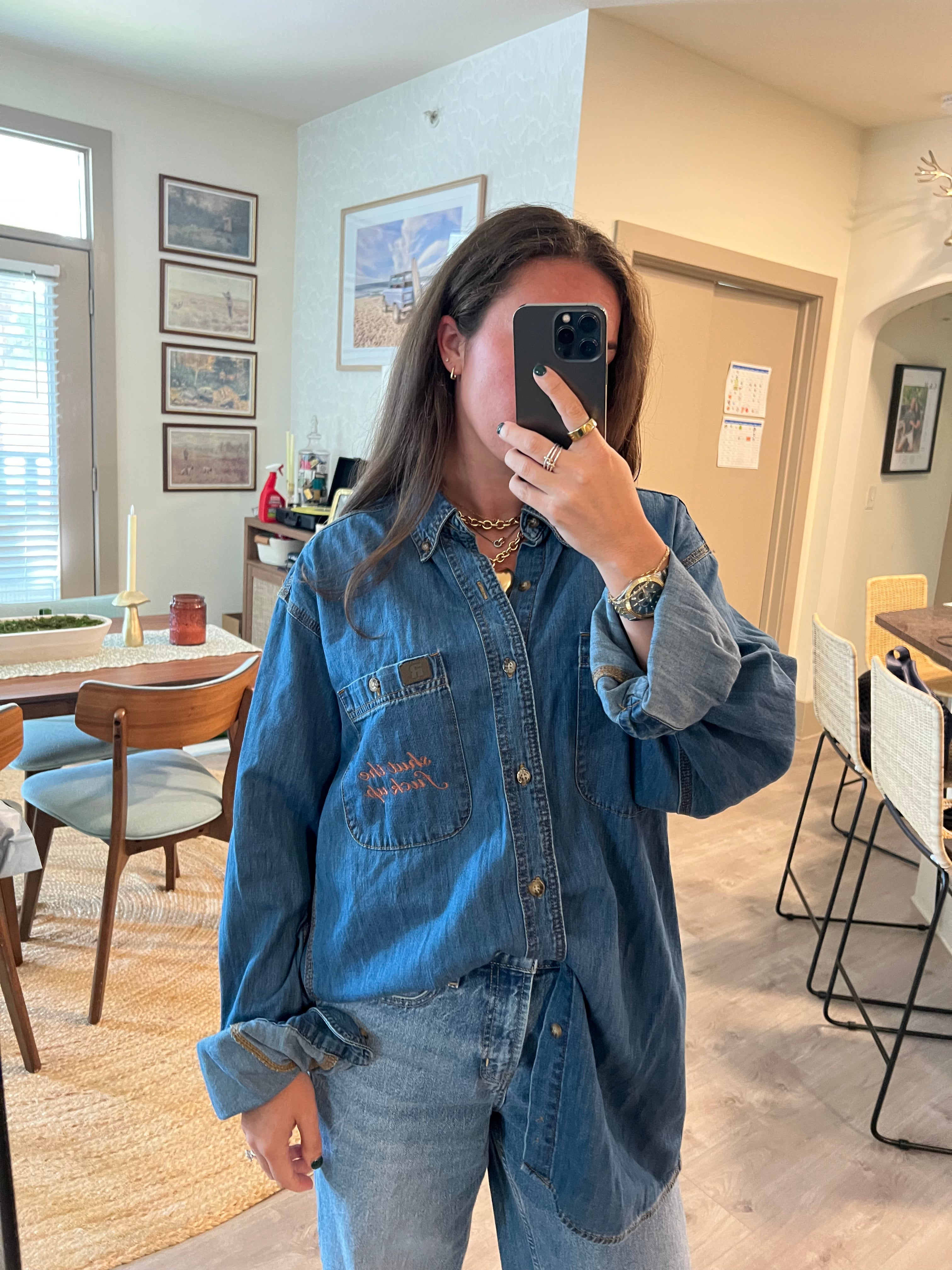 STFU Button Down - Denim & Bronze- Size XL