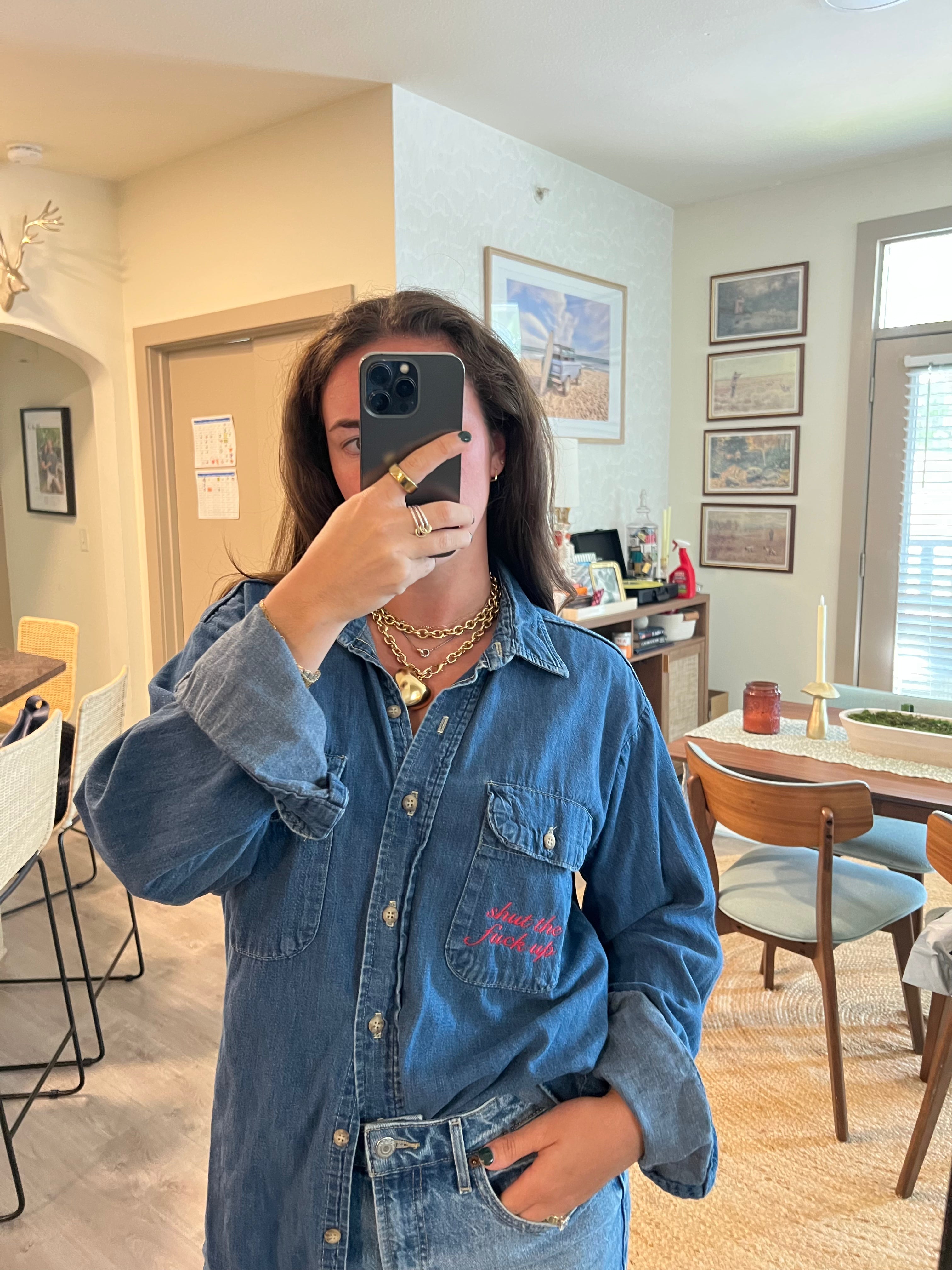 STFU Button Down - Denim & Red- Size L