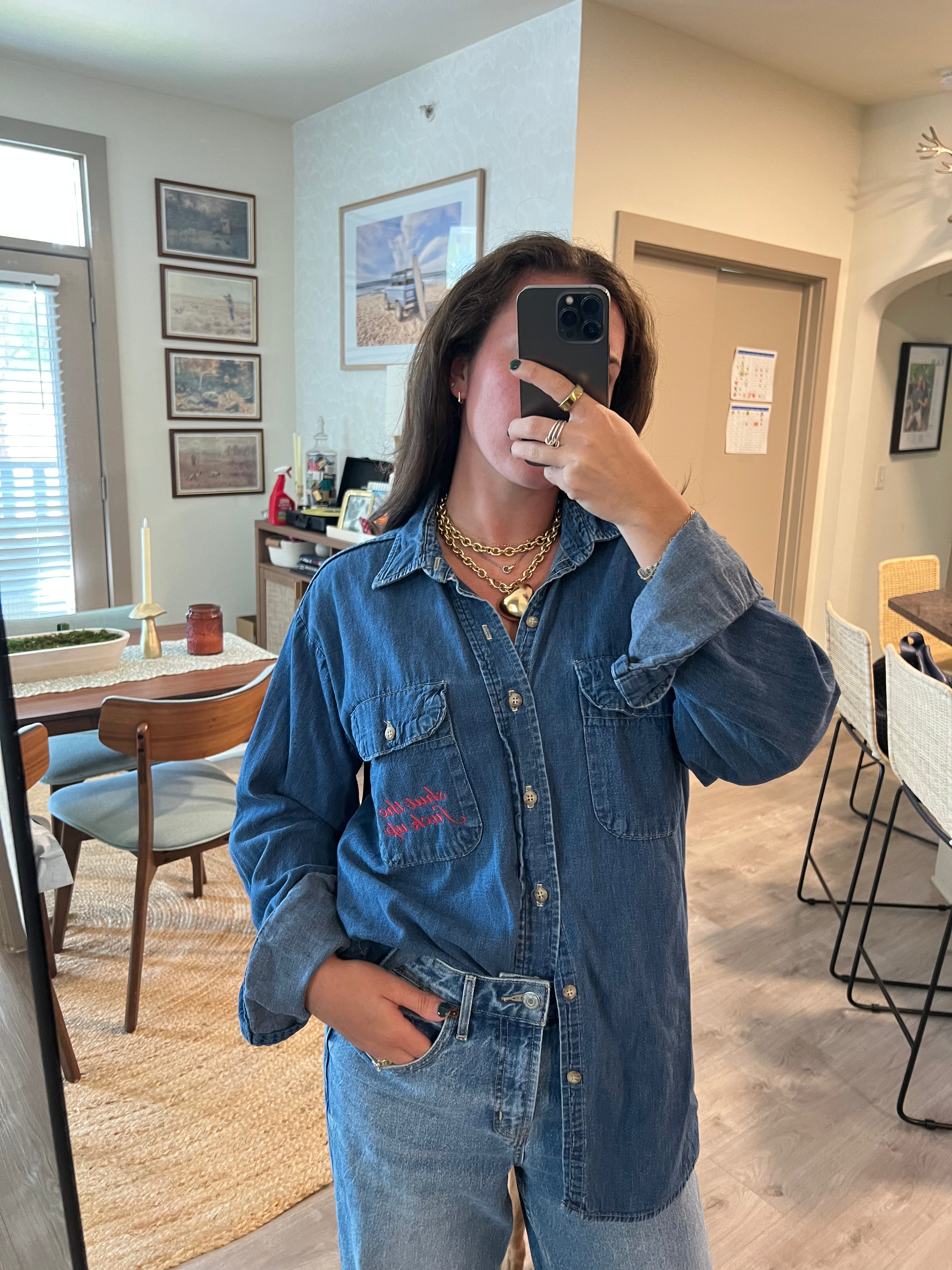 STFU Button Down - Denim & Red- Size L