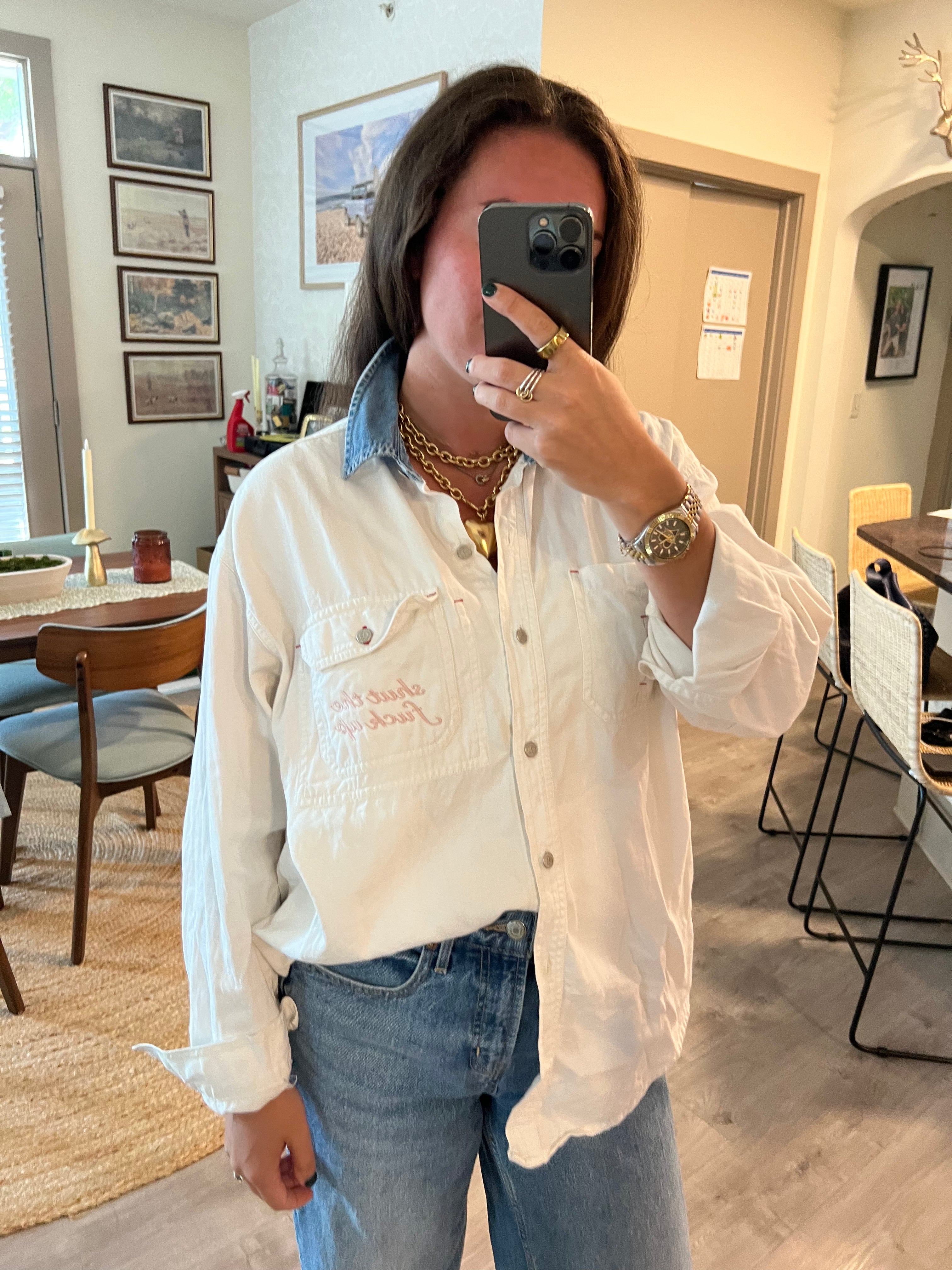 STFU Button Down - White Denim & Light Pink - Size L
