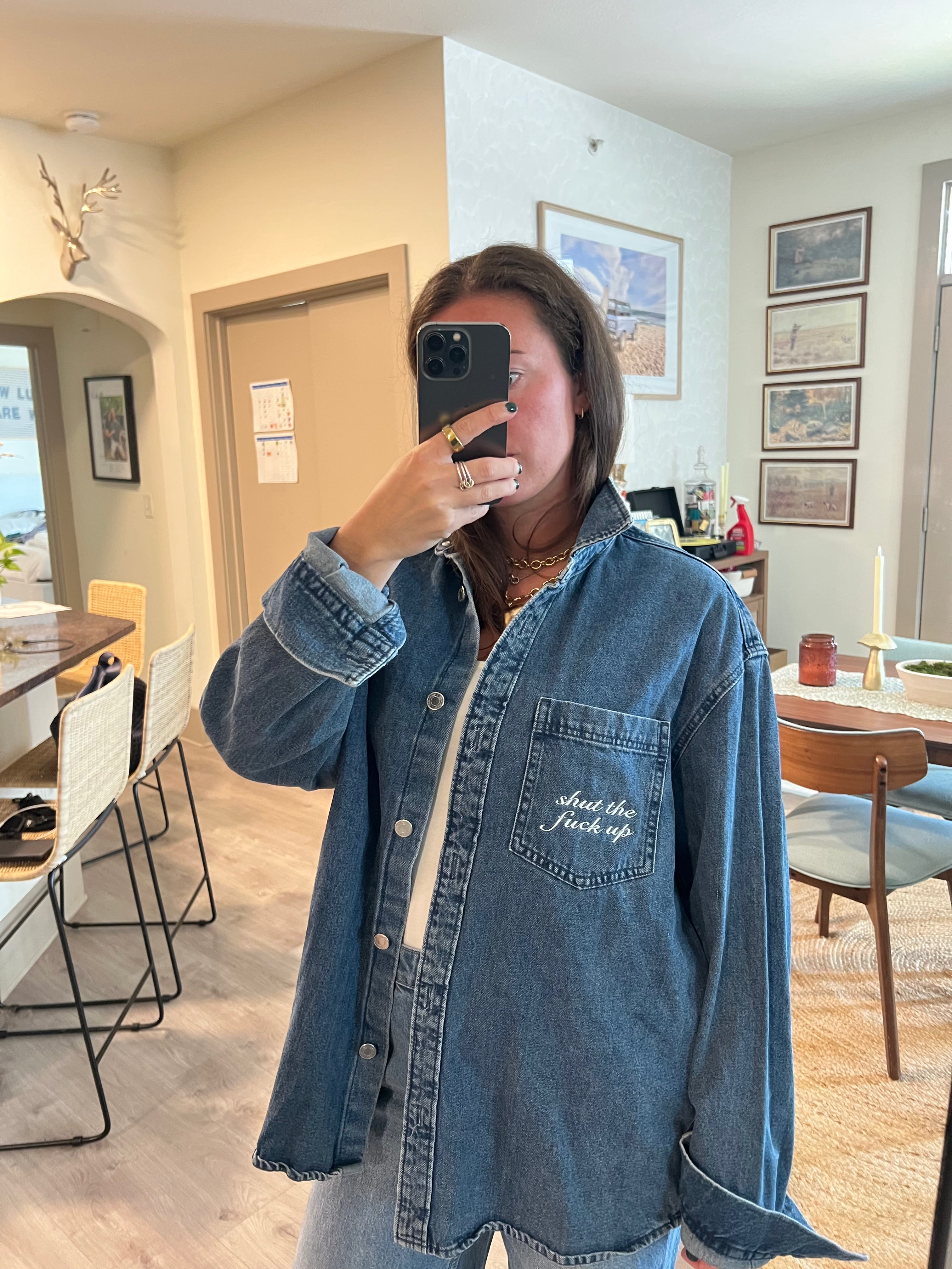 STFU Button Down - Denim & White- Size L