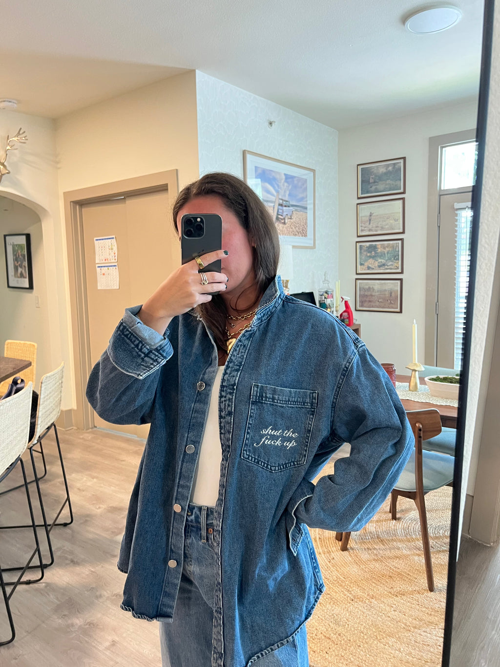STFU Button Down - Denim & White- Size L