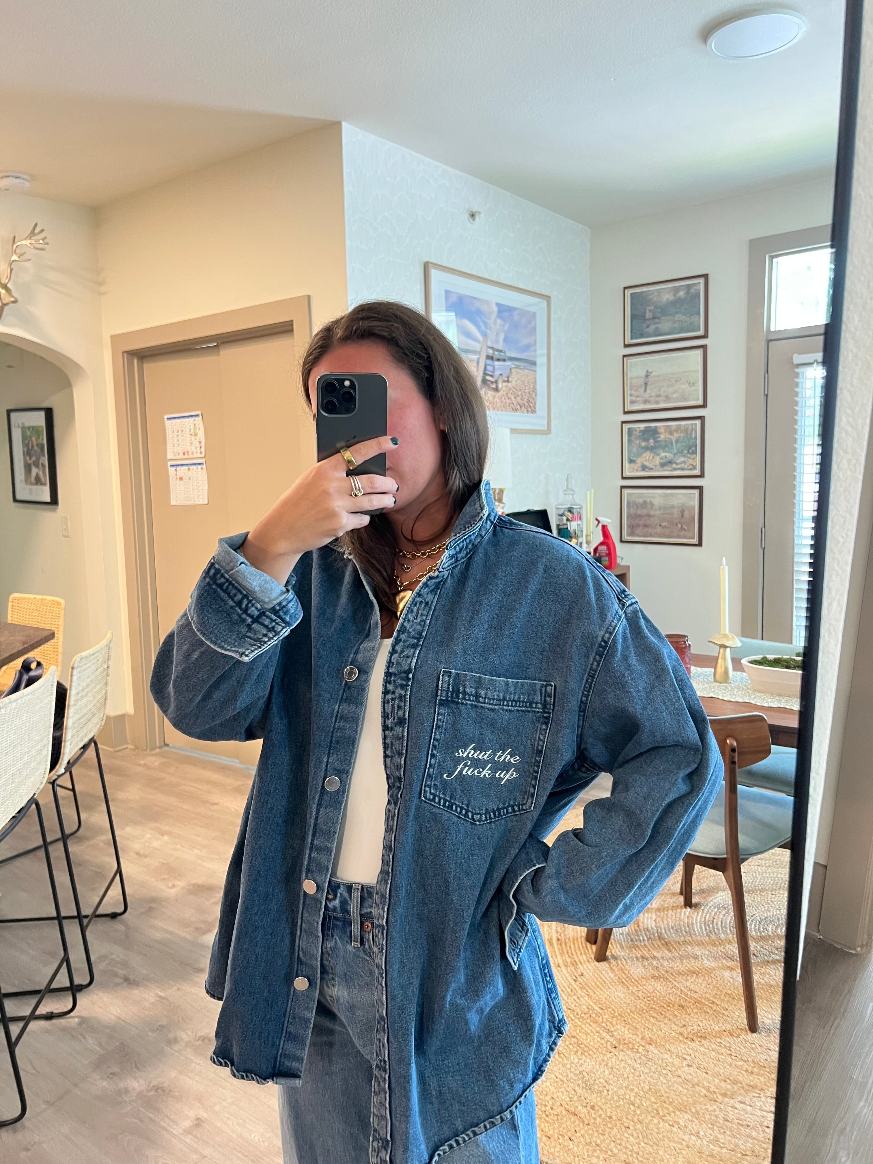 STFU Button Down - Denim & White- Size L