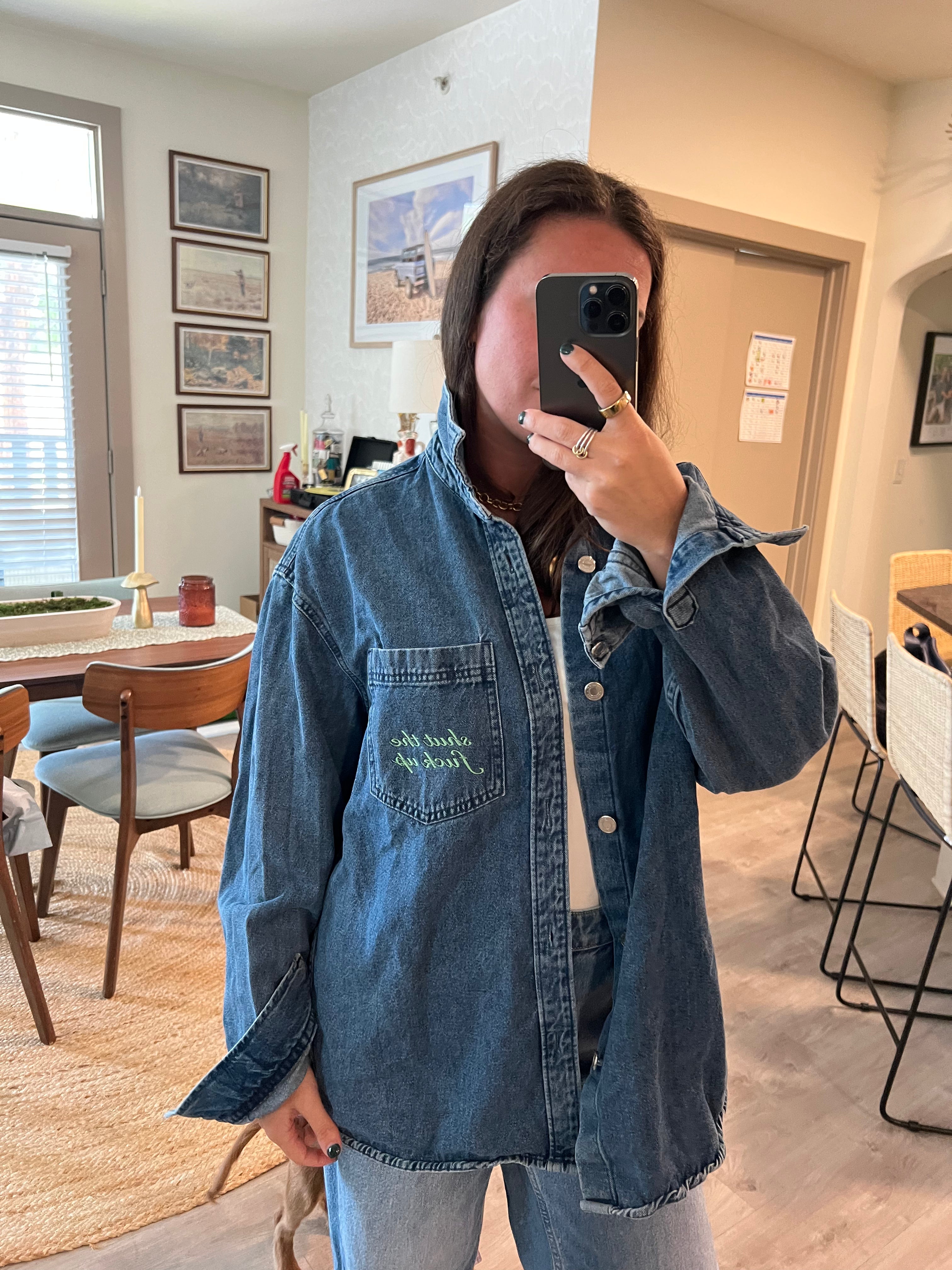 STFU Button Down - Denim & Green- Size L