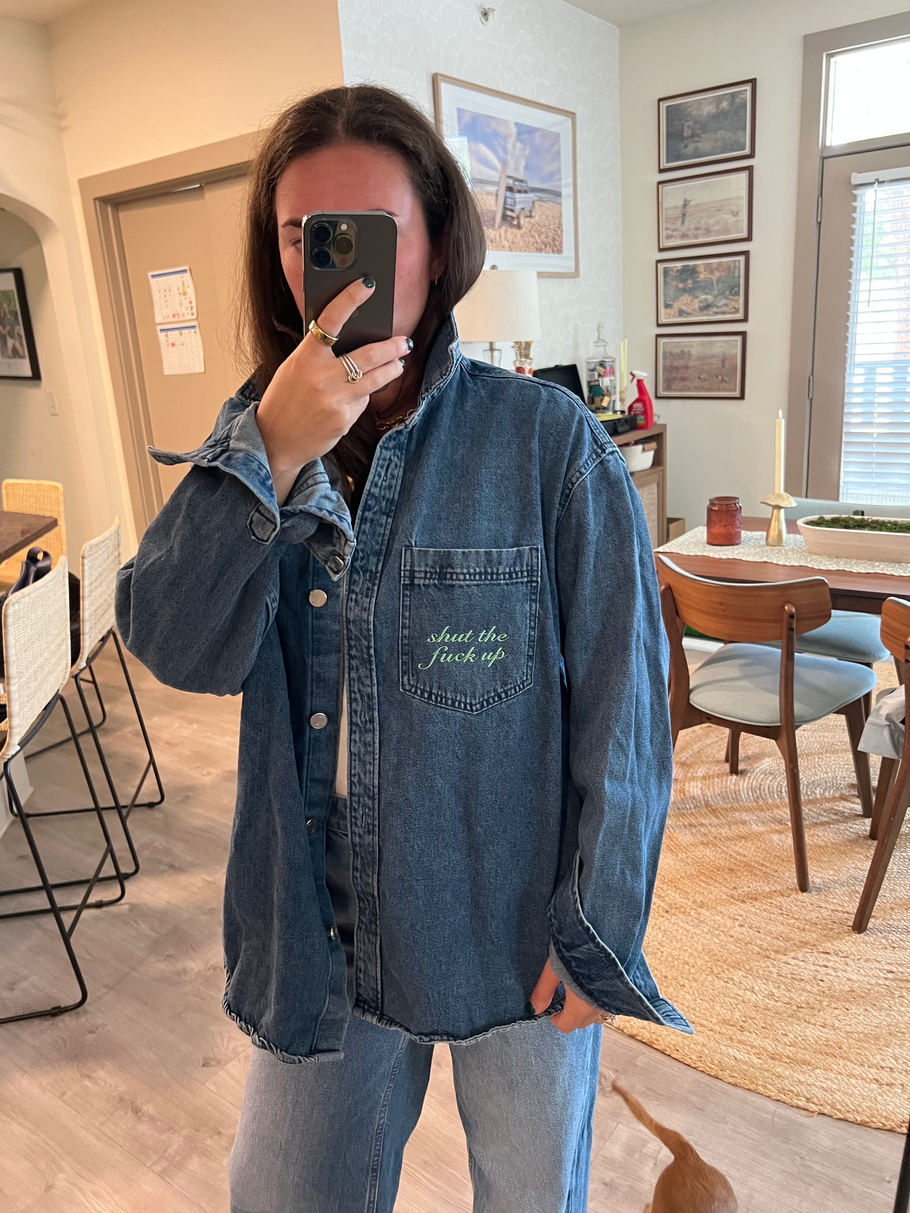 STFU Button Down - Denim & Green- Size L