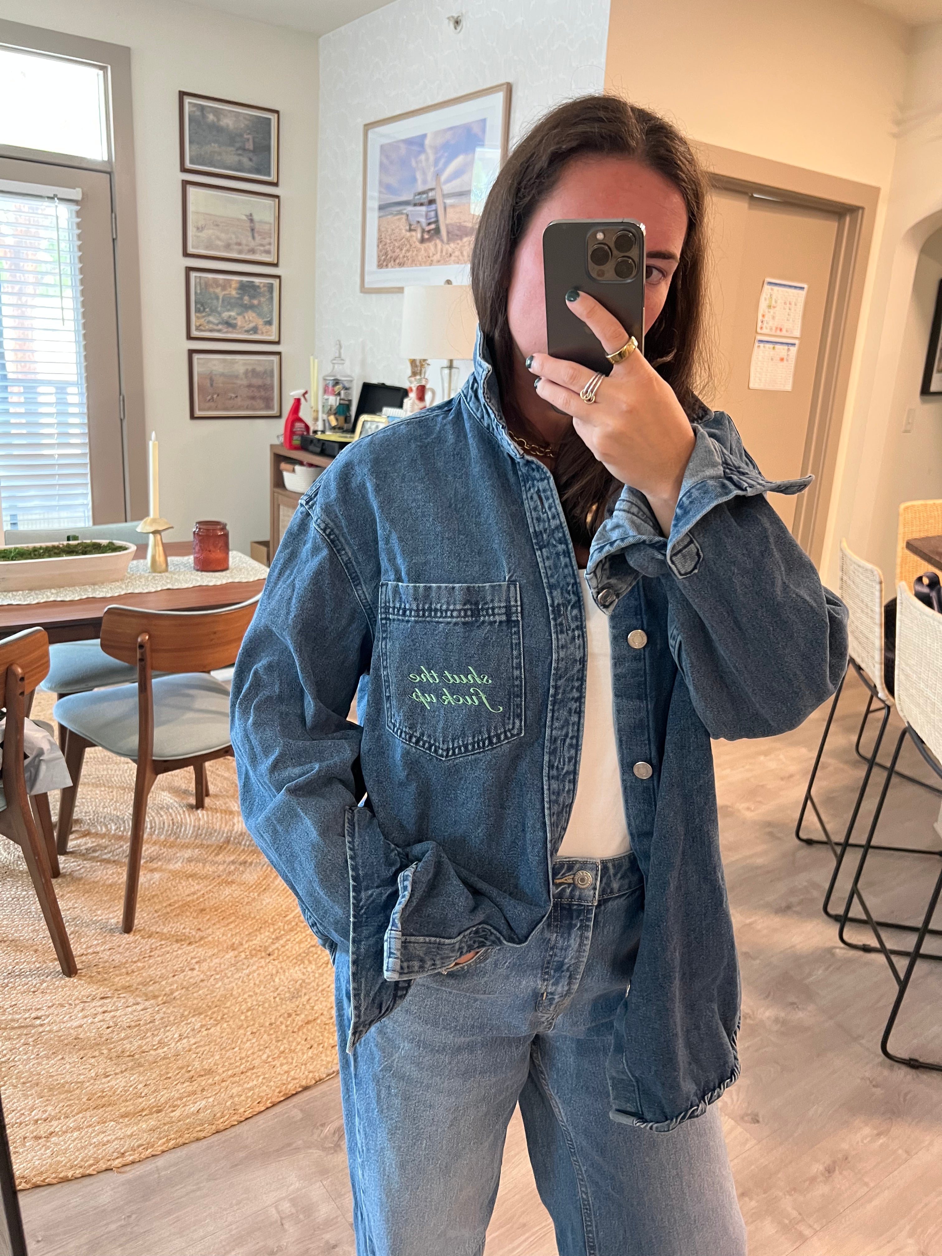 STFU Button Down - Denim & Green- Size L