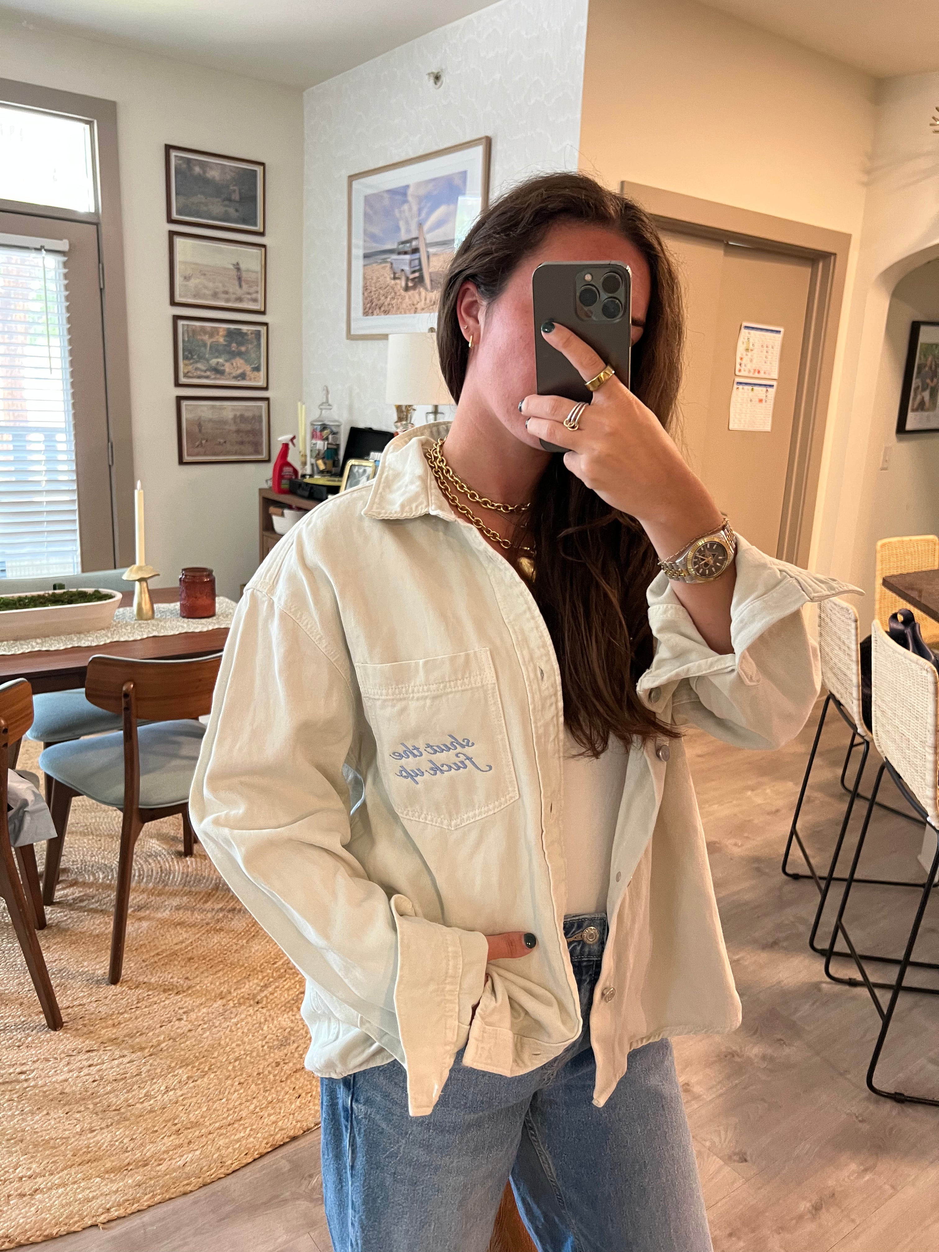 STFU Button Down - Cream Denim & Light Blue - Size L