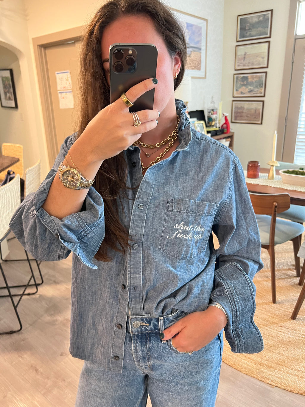 STFU Button Down - Denim & White - Size L