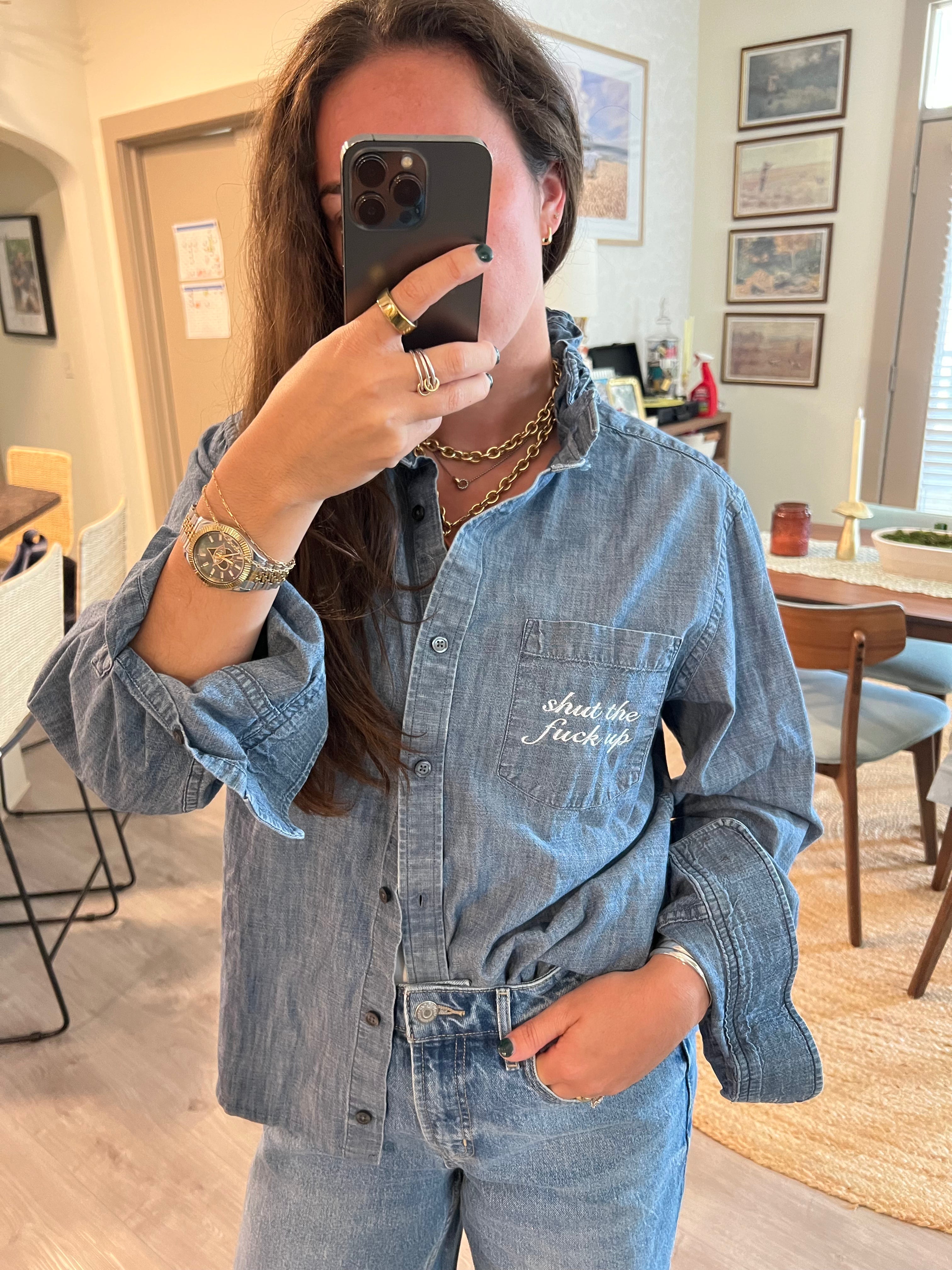 STFU Button Down - Denim & White - Size L