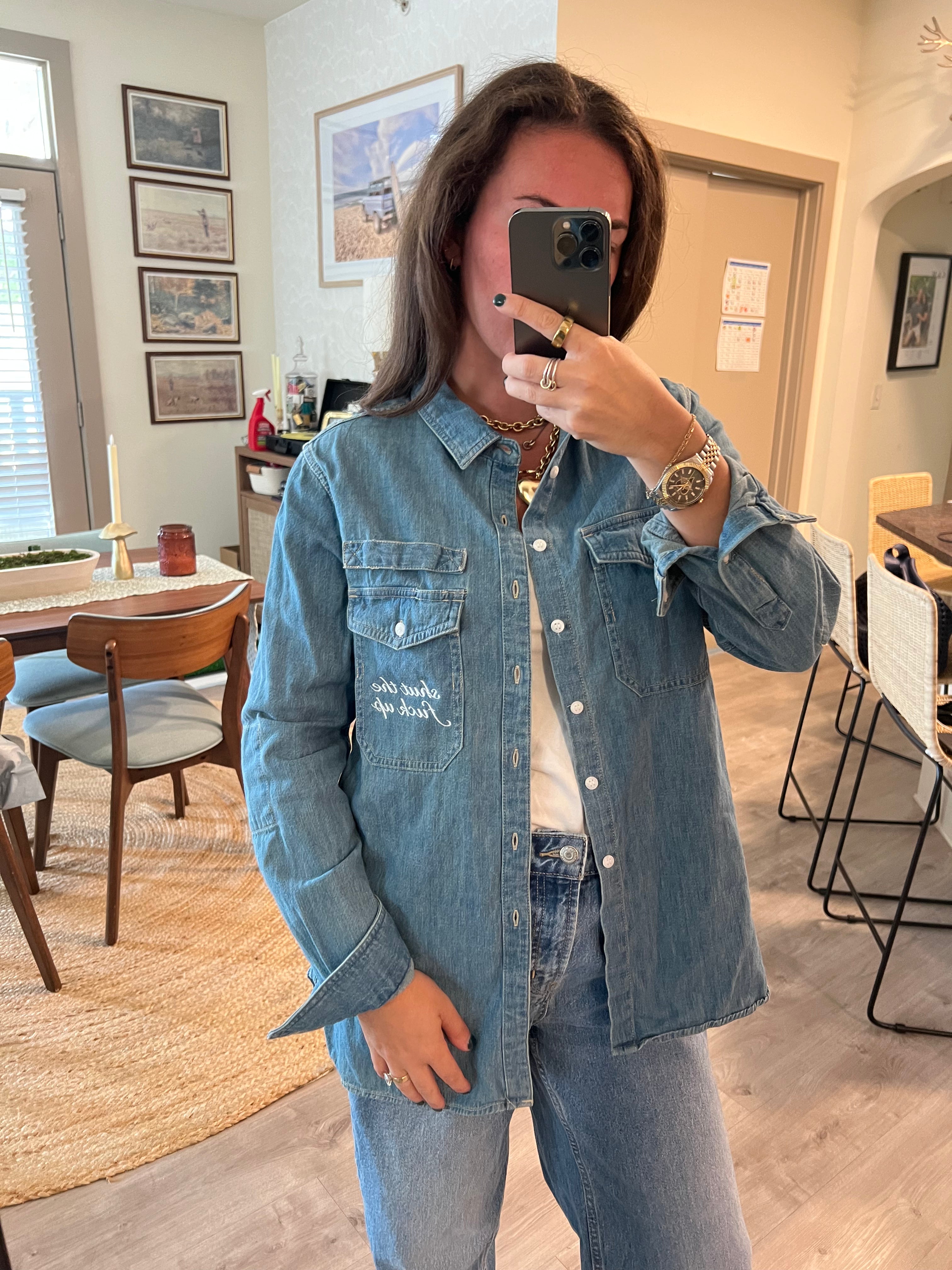 STFU Button Down - Denim & White - Size S